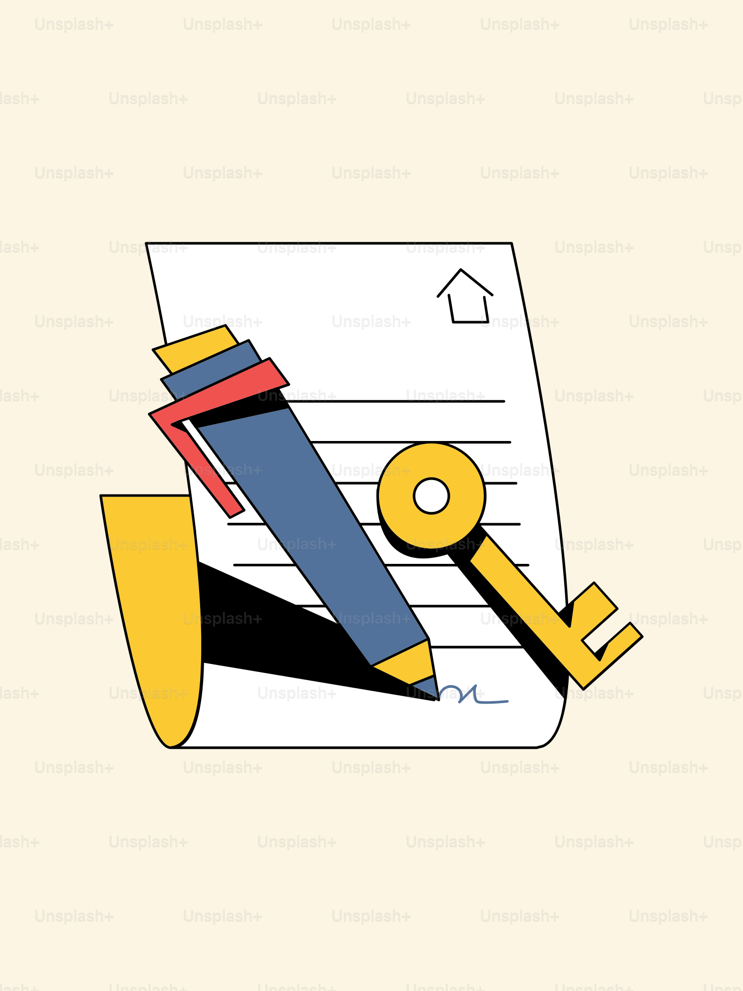 un foglio di carta con una matita e una chiave sopra