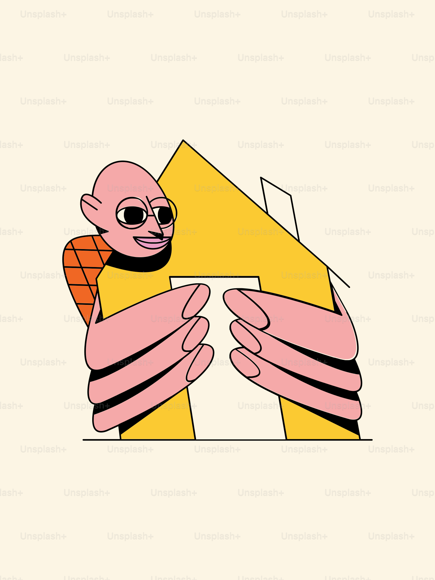 Eine rosa Zeichentrickfigur, die ein gelbes Haus hält