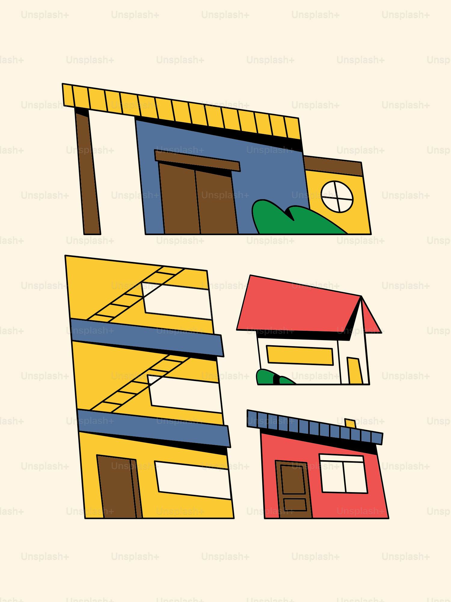 Eine Zeichnung eines Hauses mit rotem Dach