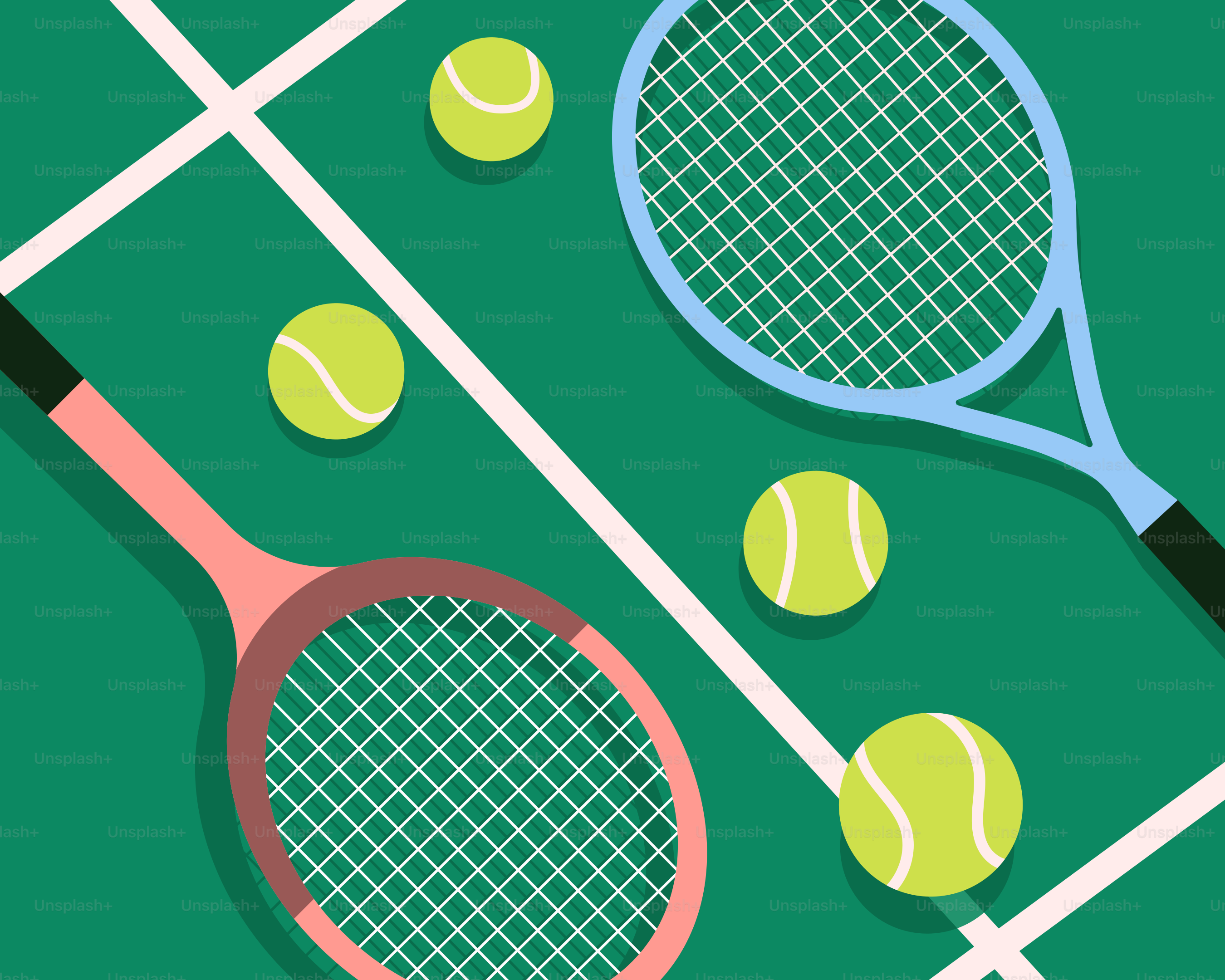 due racchette da tennis e tre palline da tennis su un campo da tennis