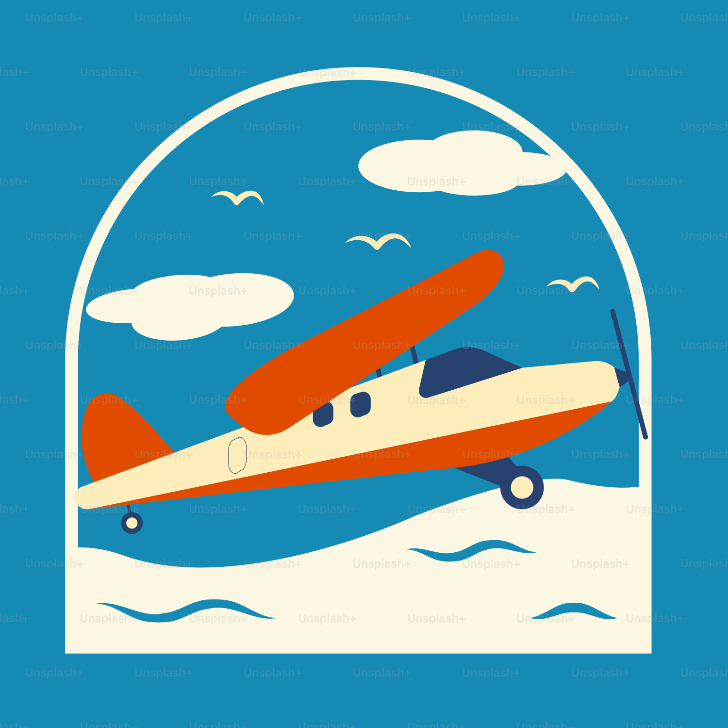 an orange and white airplane flying through a blue sky