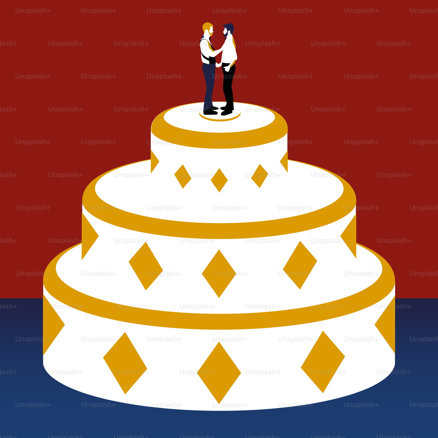 a couple of people standing on top of a cake