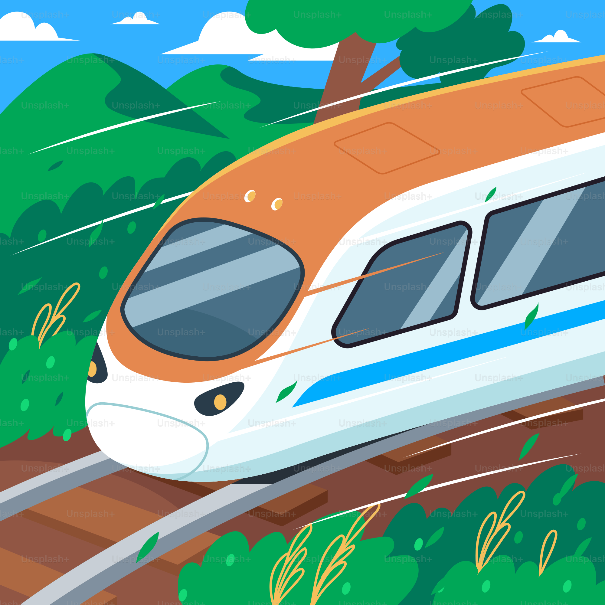 a white and orange train traveling down train tracks