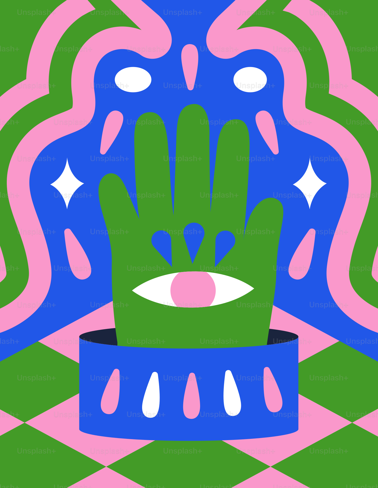 a green hand with a pink eye on it