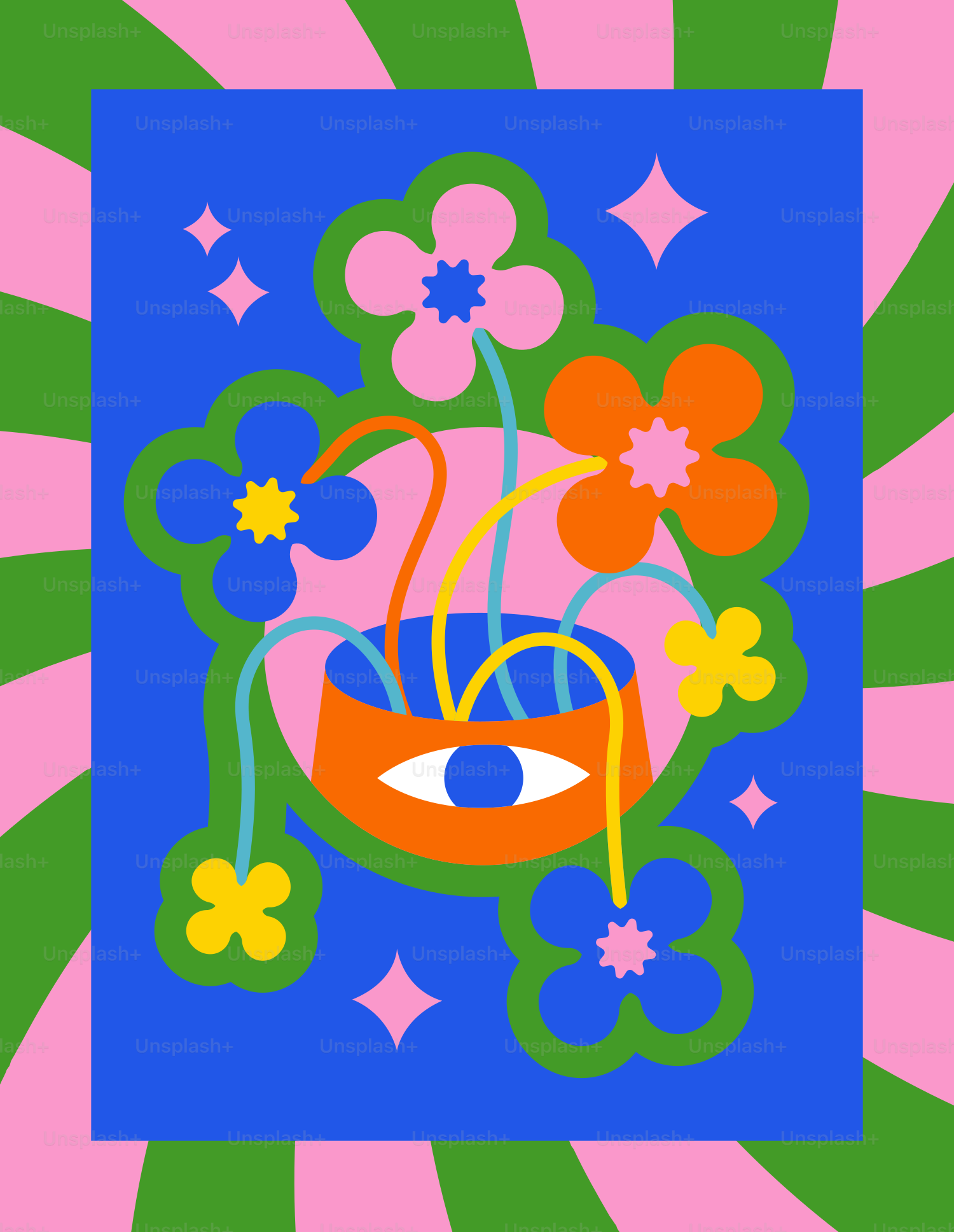 a picture of a vase with flowers and an eye