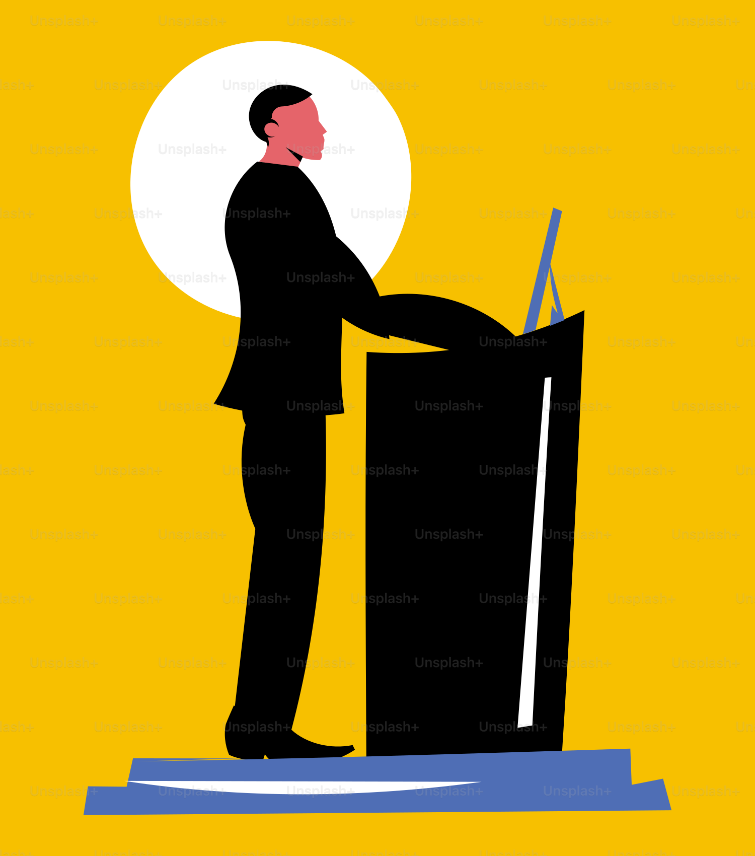 un uomo in piedi a un podio davanti a uno sfondo giallo