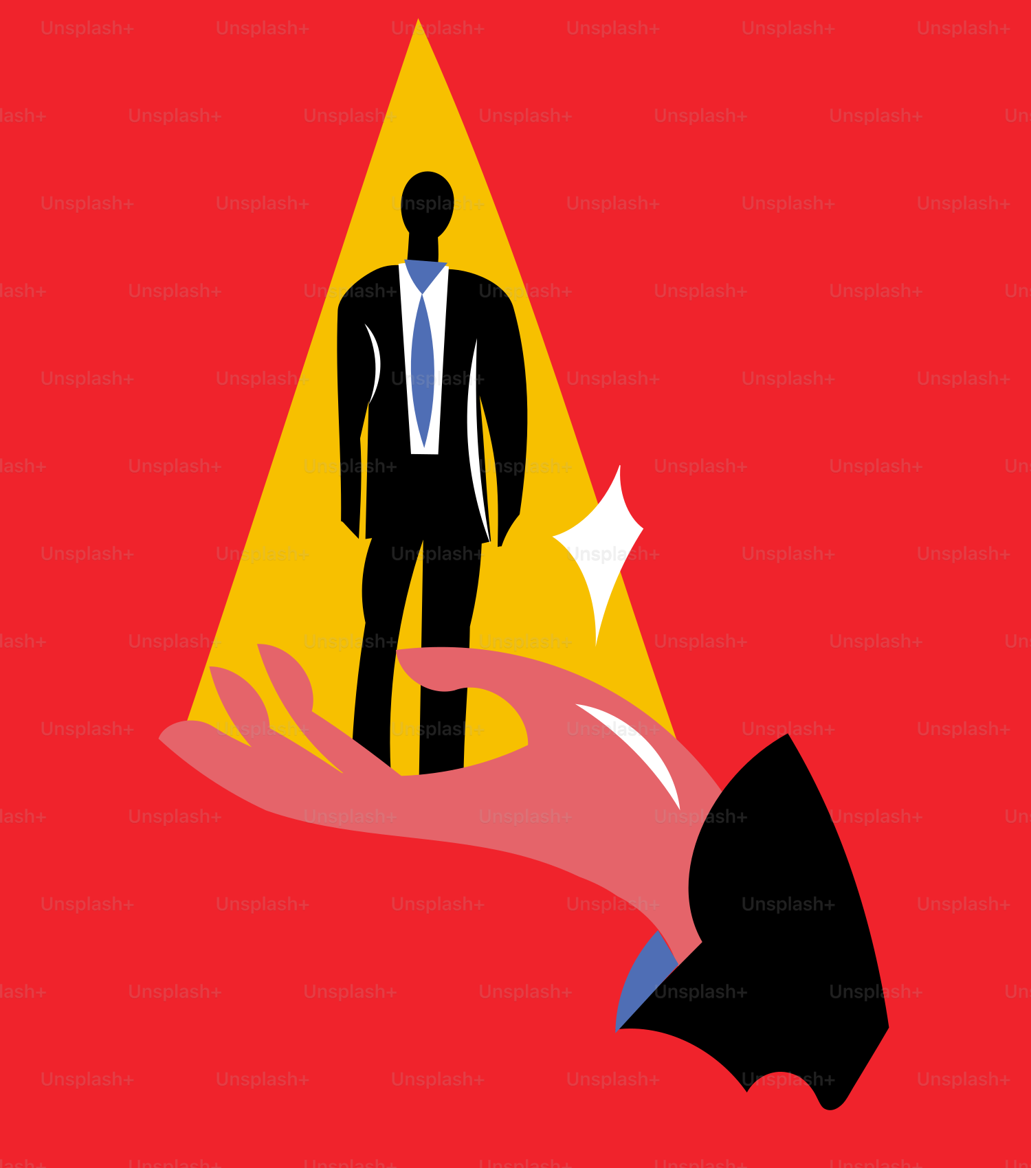 eine Hand, die ein Stück Papier mit einem Bild eines Mannes im Anzug hält