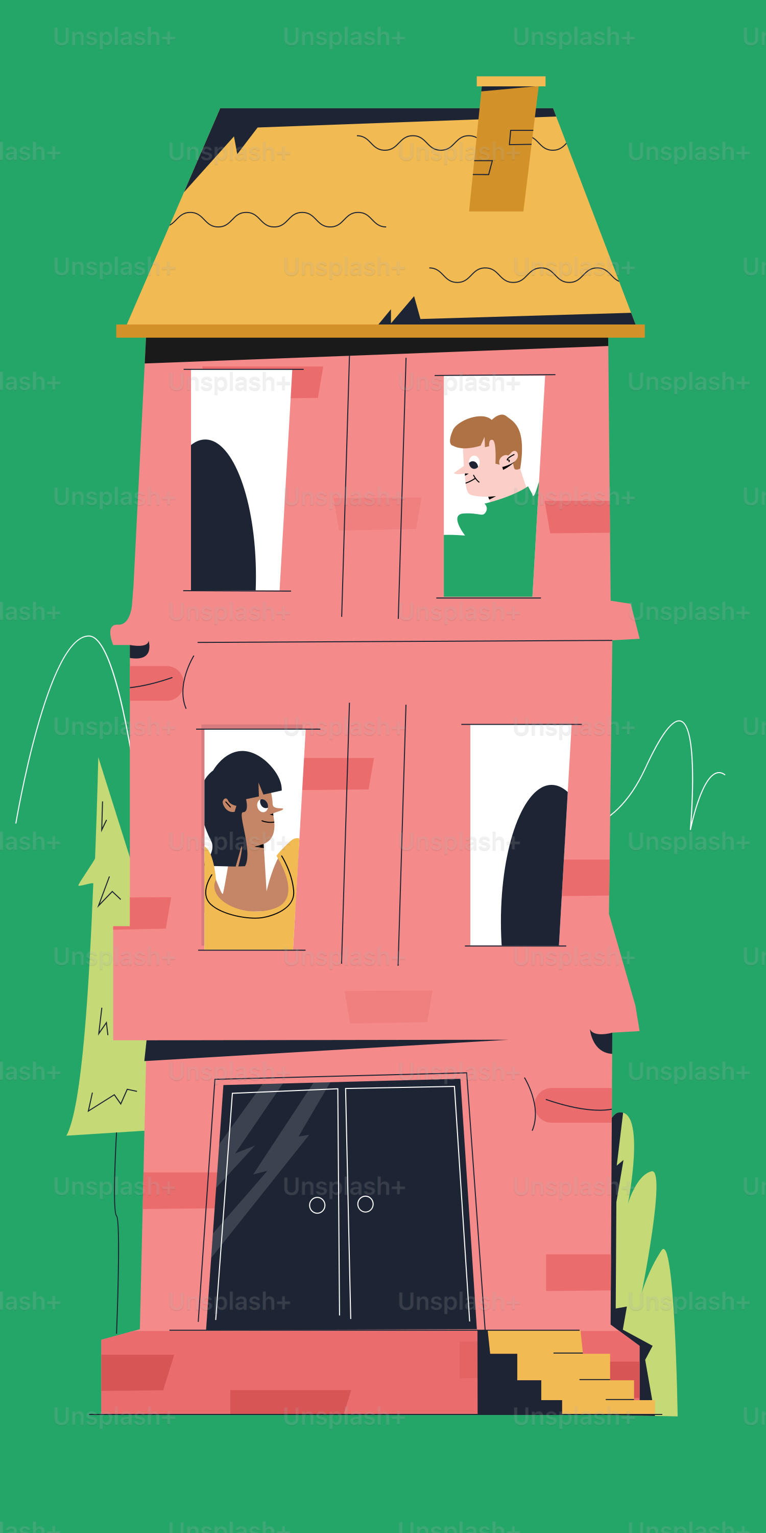 Une maison rose avec des gens aux fenêtres