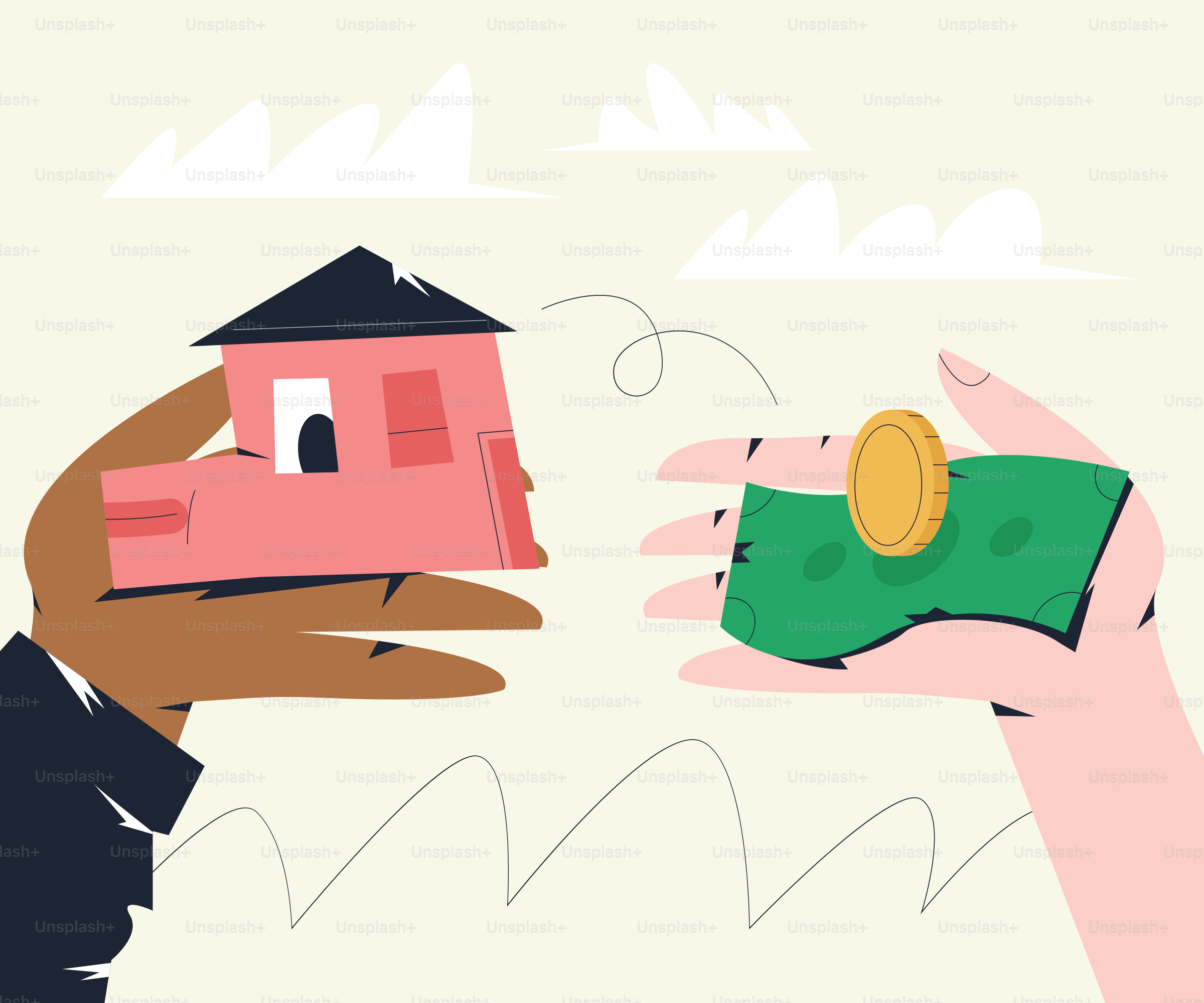 two hands exchanging a house and money