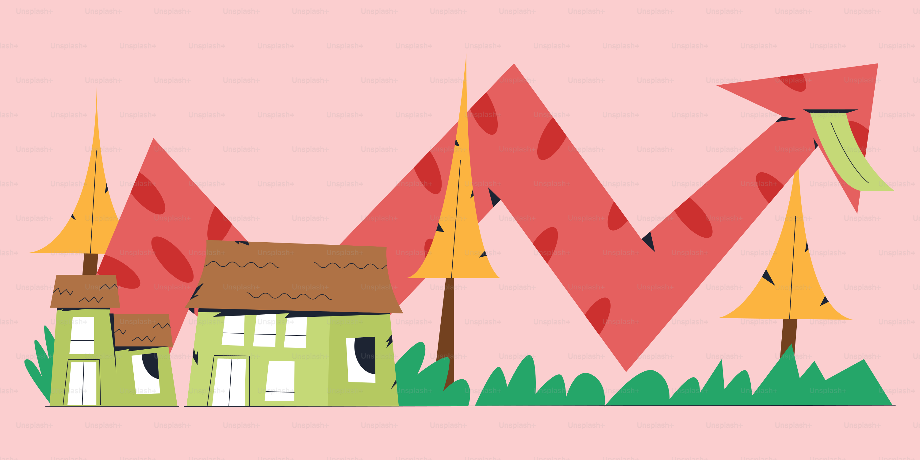 ein rosa Hintergrund mit einem Haus und Bäumen
