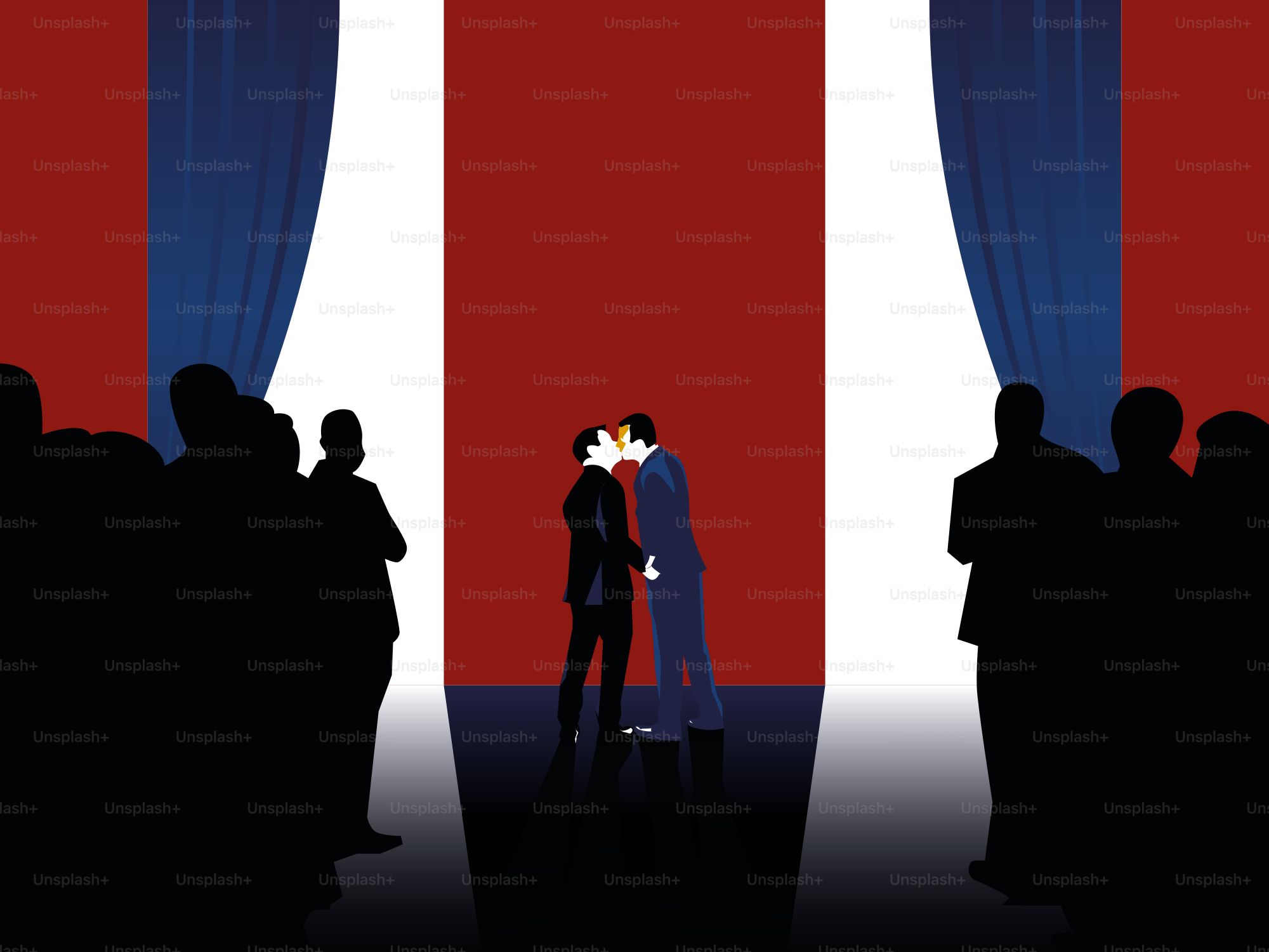 a couple of people standing in front of a red white and blue wall