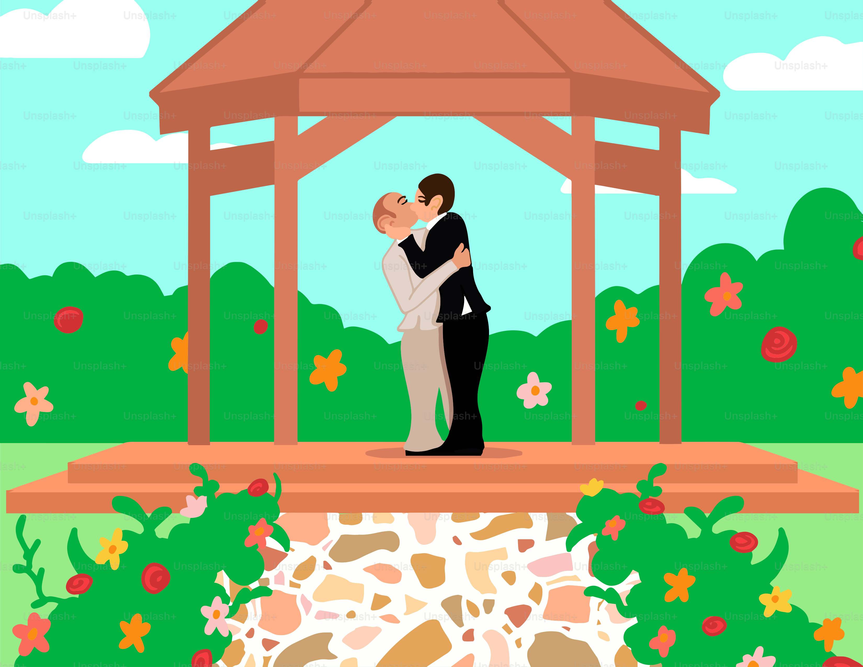 a couple of people that are standing in front of a gazebo