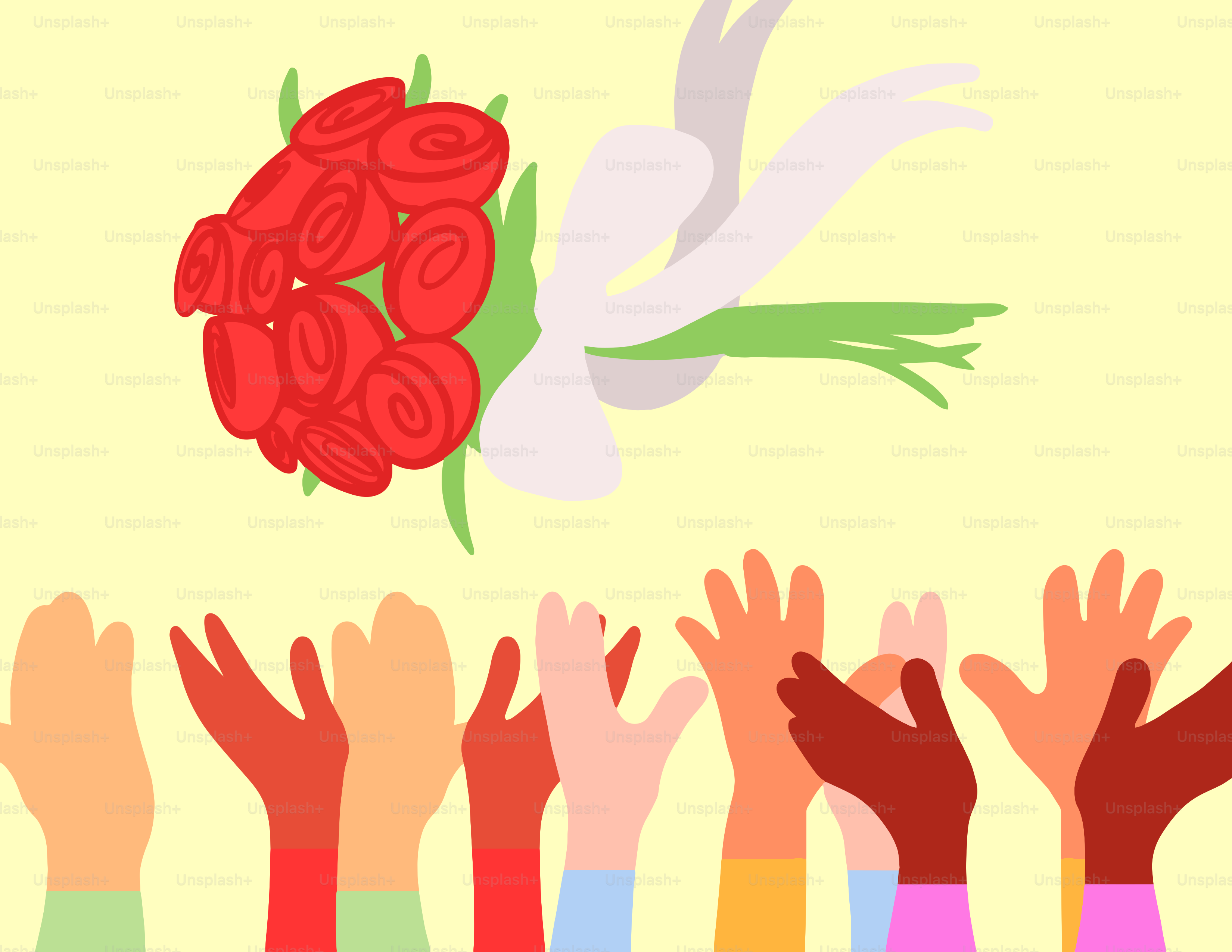 a bunch of hands reaching for a bouquet of flowers