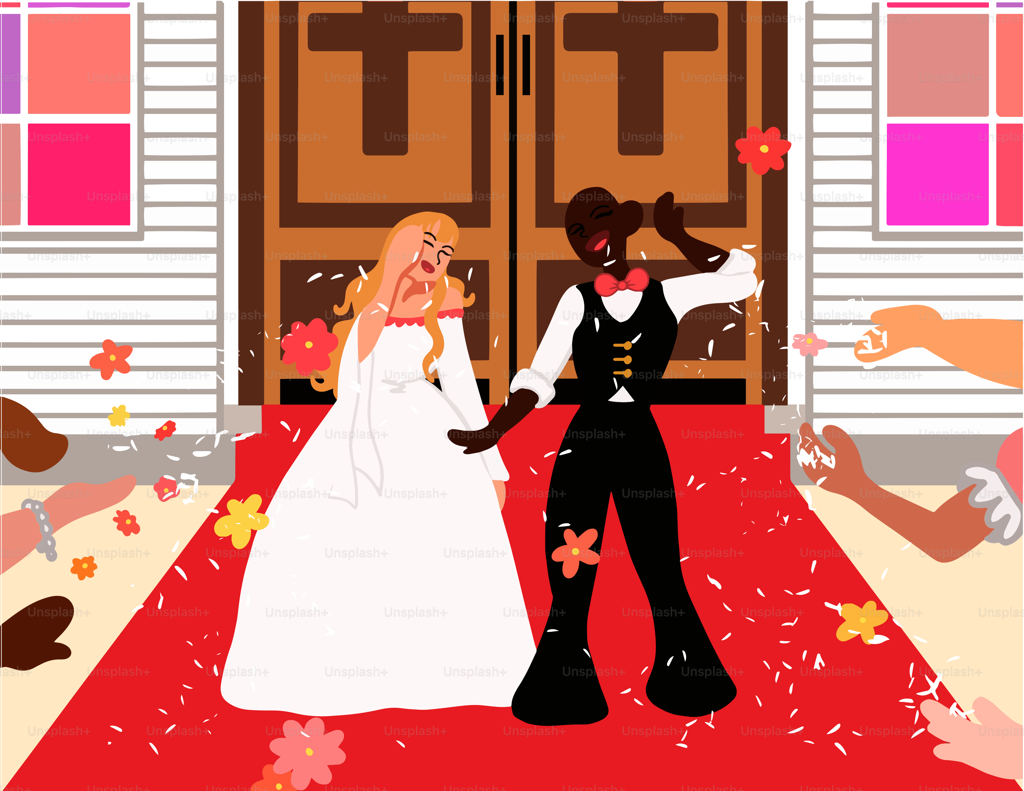 a man and a woman are standing in front of a door