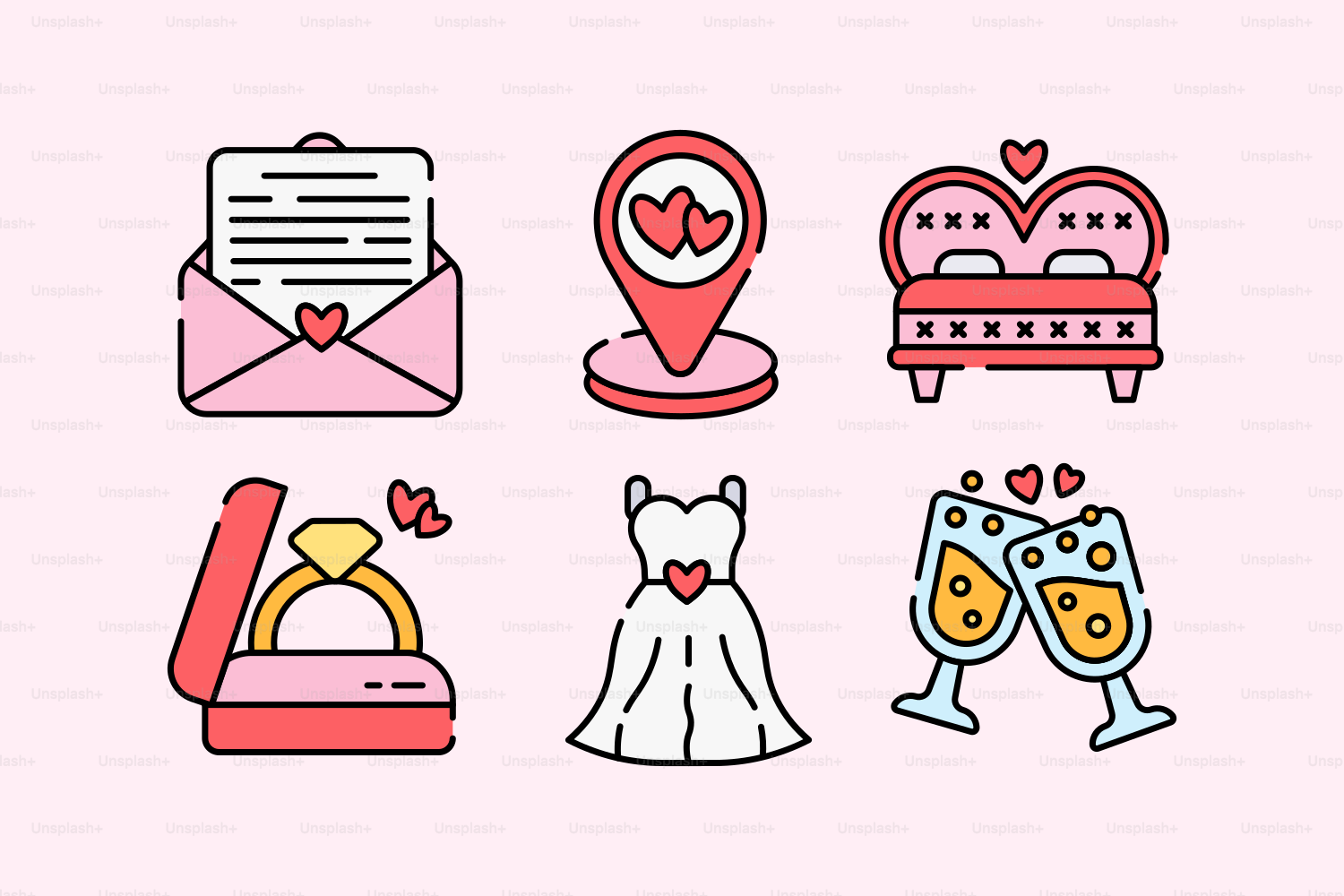 a set of wedding icons on a pink background