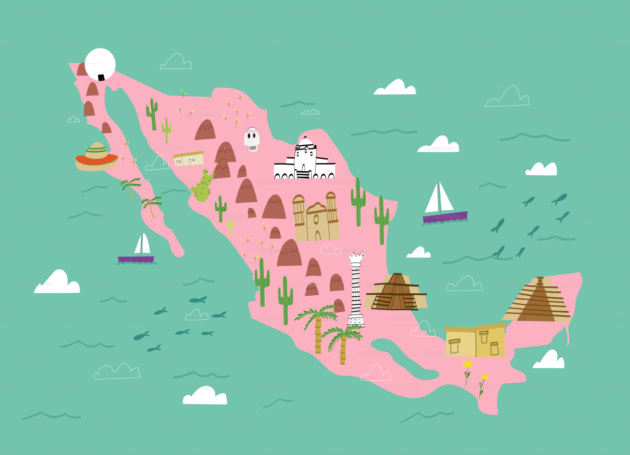 a map of mexico with a lot of different things on it