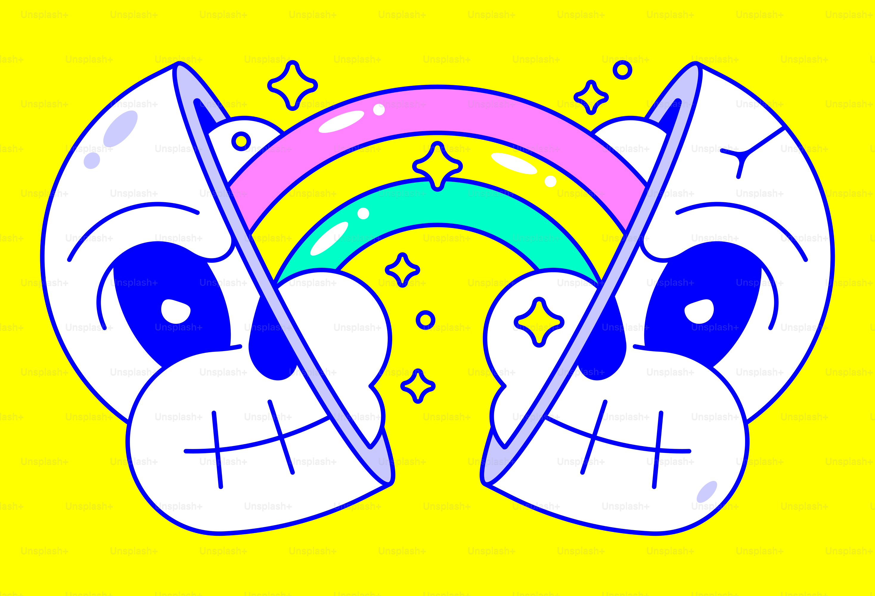 배경에 무지개가 있는 만화 얼굴 몇 개가 있었다