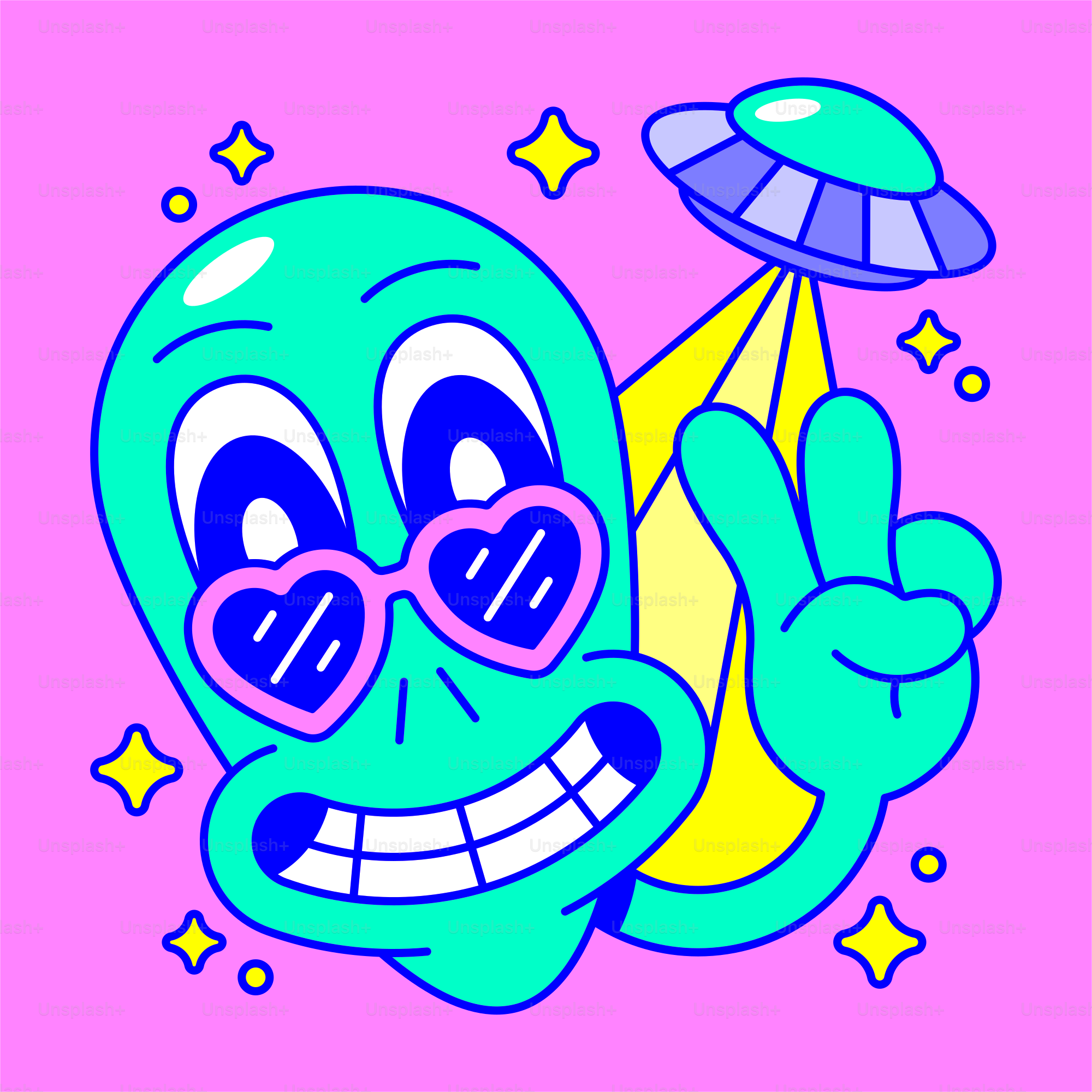 a cartoon alien with sunglasses and a flying saucer