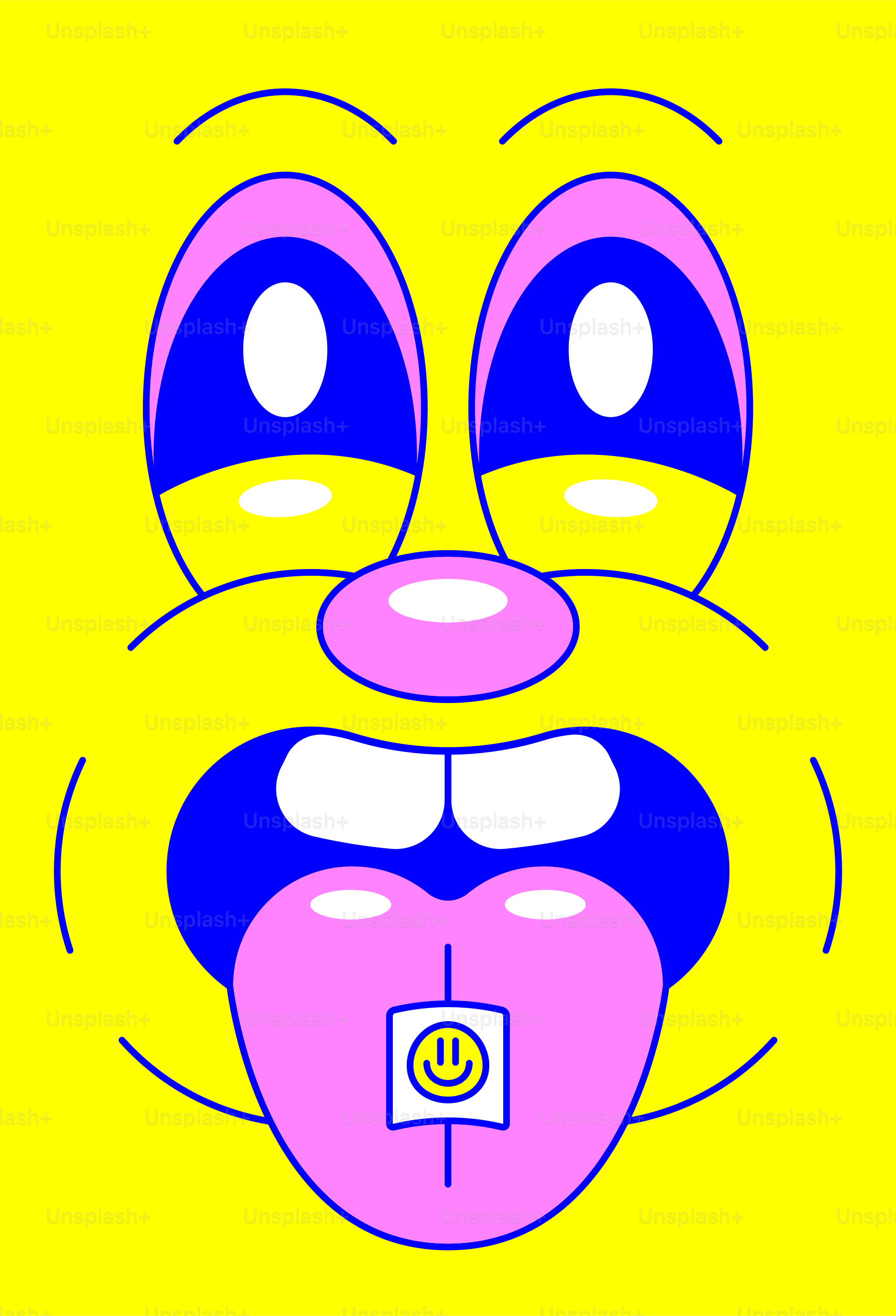 a yellow background with a blue and pink face