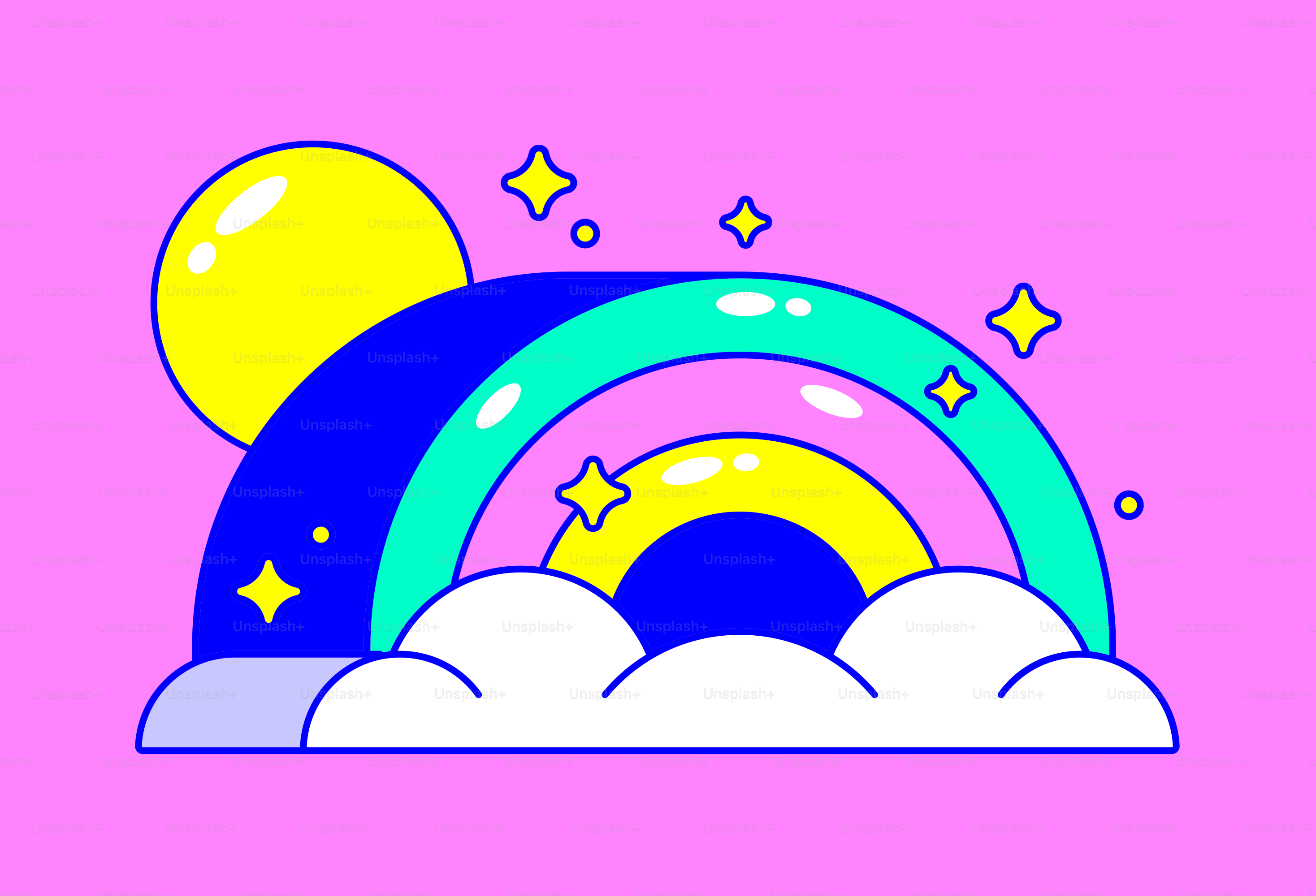 a drawing of a rainbow with stars and clouds