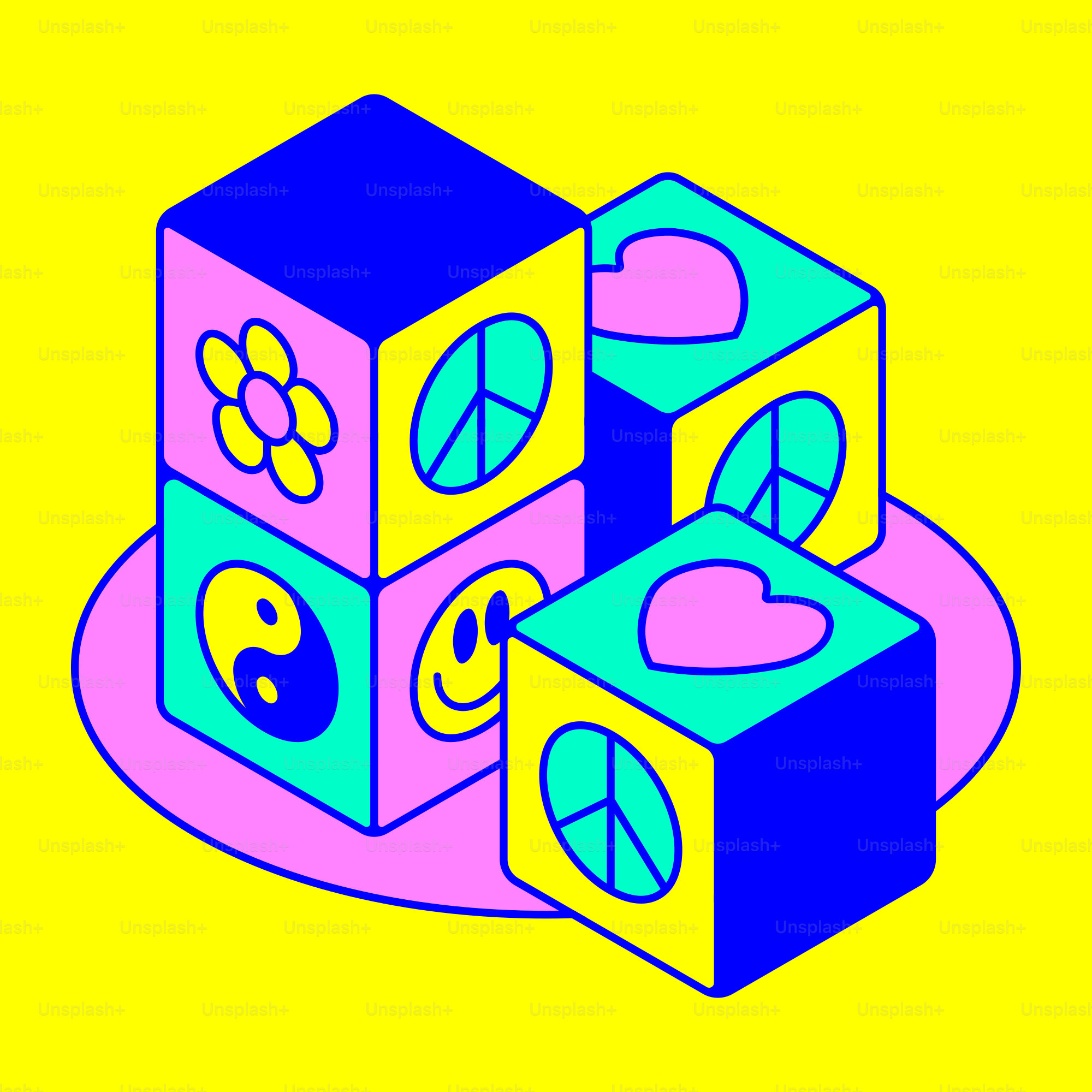 Ein blau-pinker Würfel mit gelbem Hintergrund