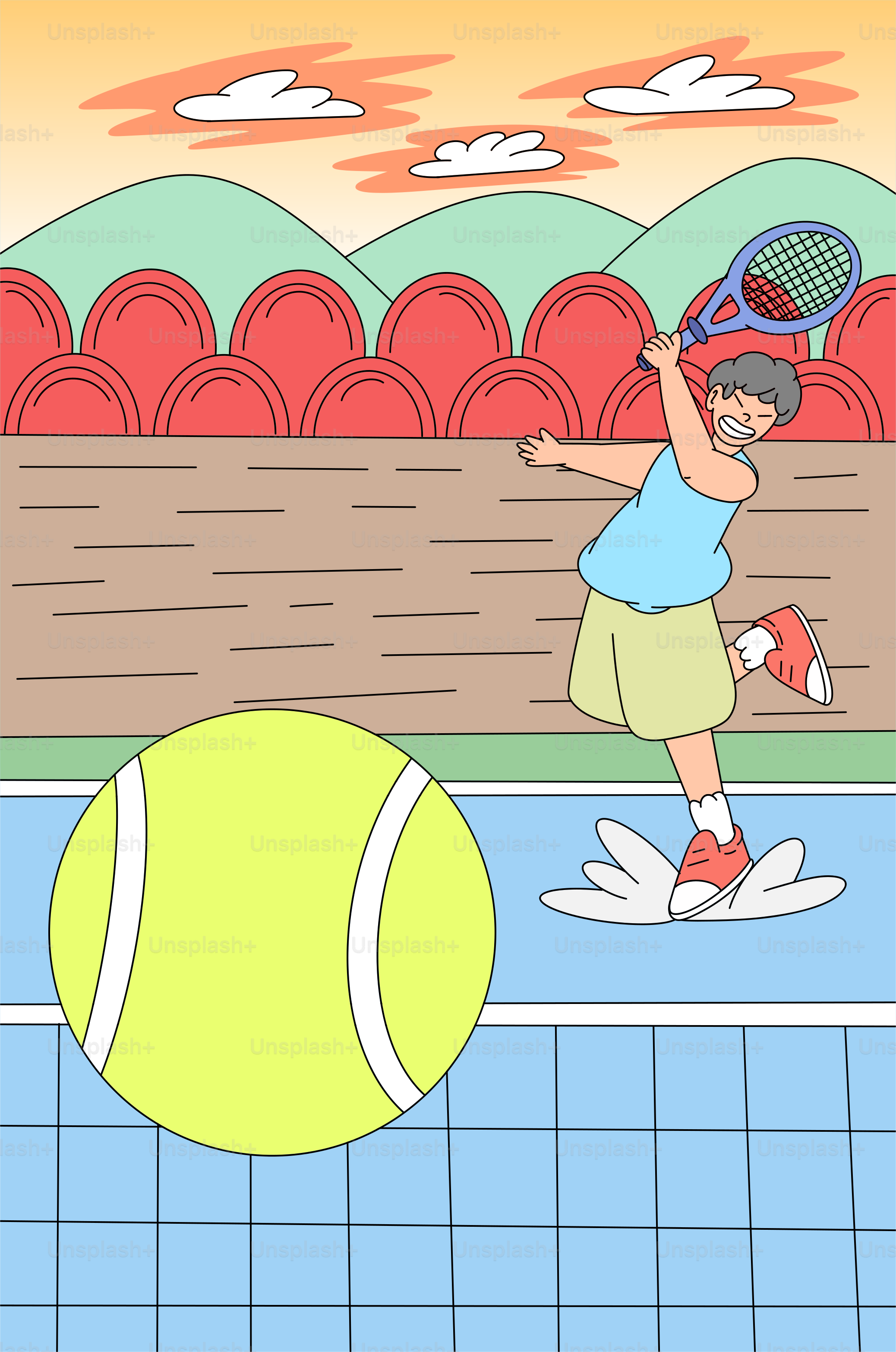 un jugador de tenis de dibujos animados golpeando una pelota con una raqueta