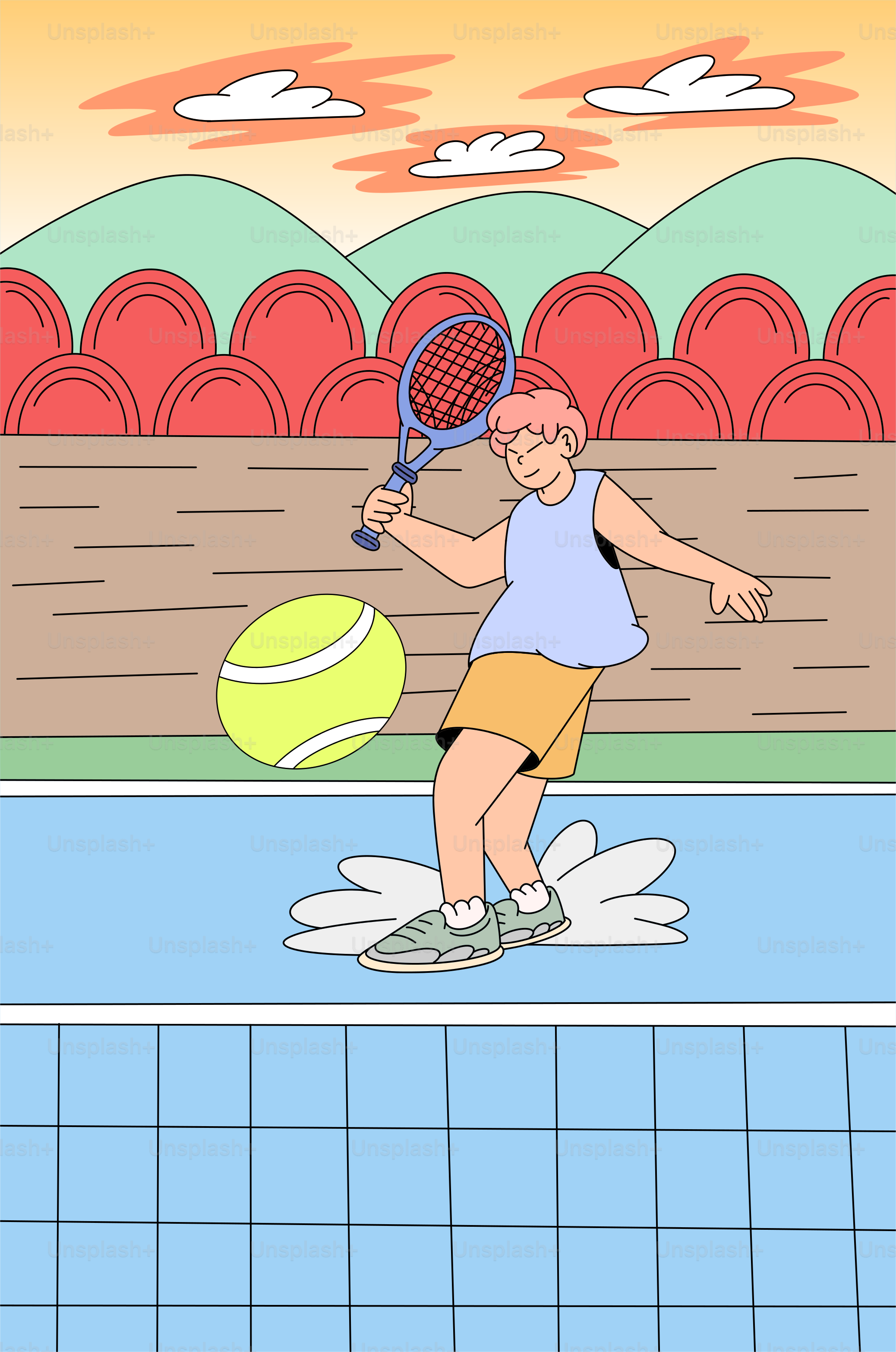 un dibujo animado de un hombre golpeando una pelota de tenis con una raqueta