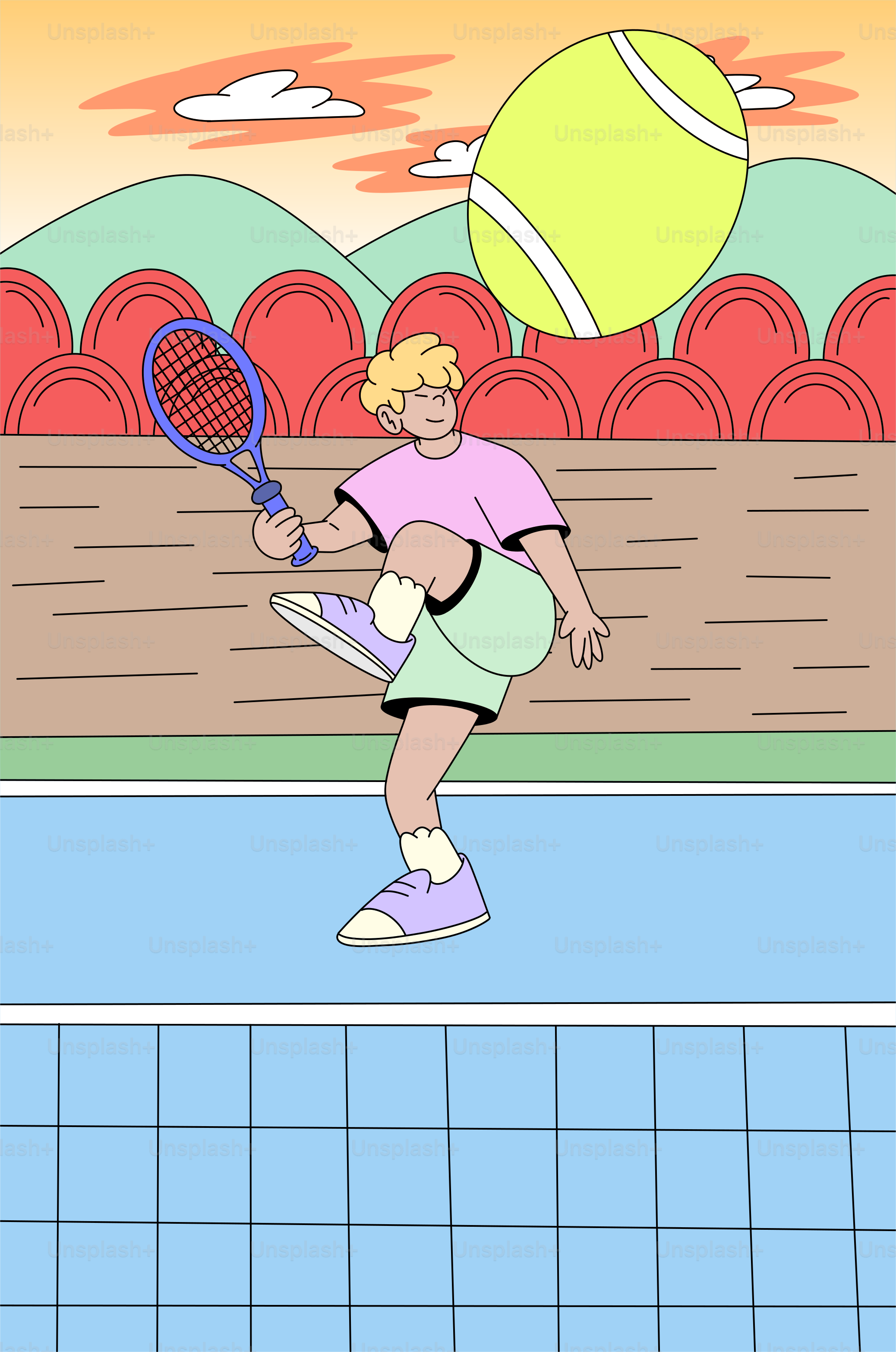a cartoon of a man playing tennis on a tennis court