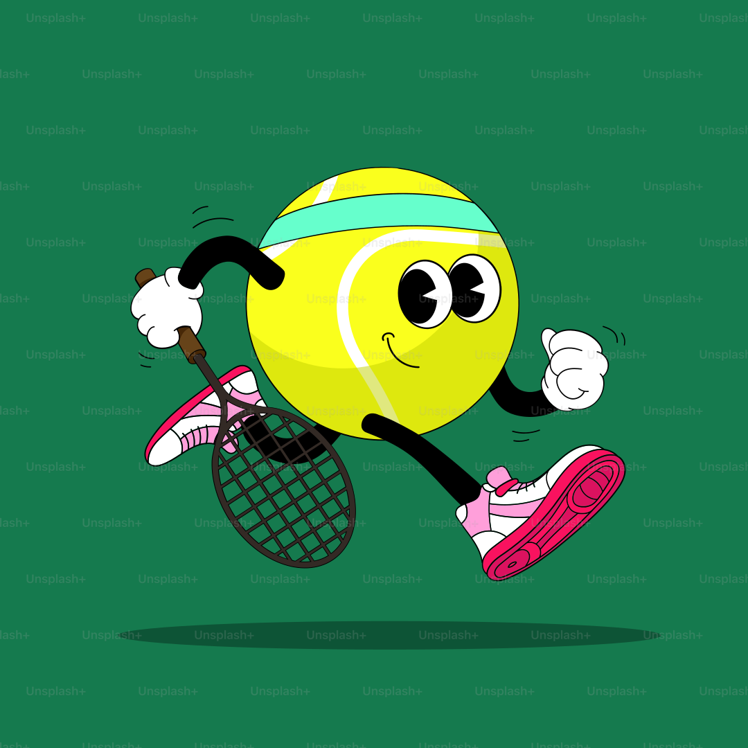 una pelota de tenis de dibujos animados corriendo con una raqueta