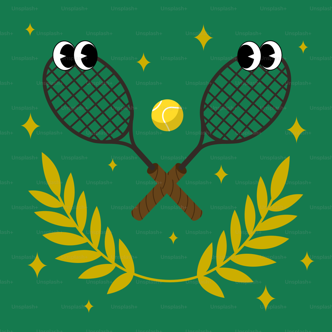 dos raquetas de tenis con ojos y una pelota de tenis