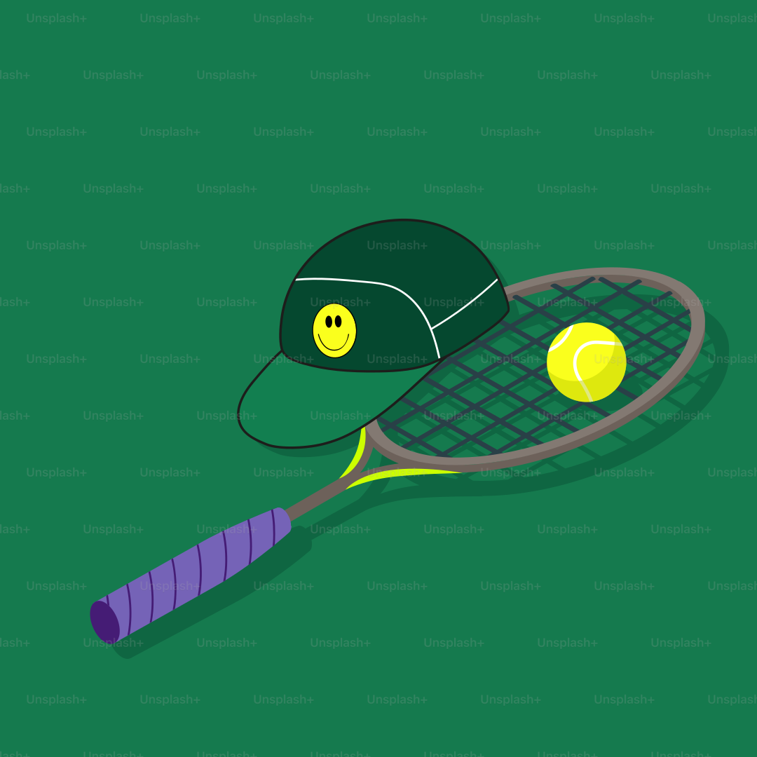 a tennis racket with a hat on top of it