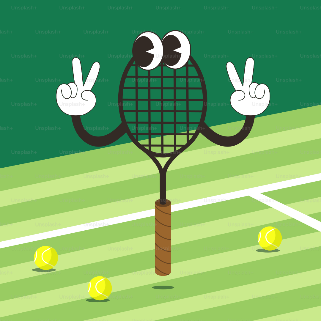 una raqueta de tenis con dos ojos y un signo de paz