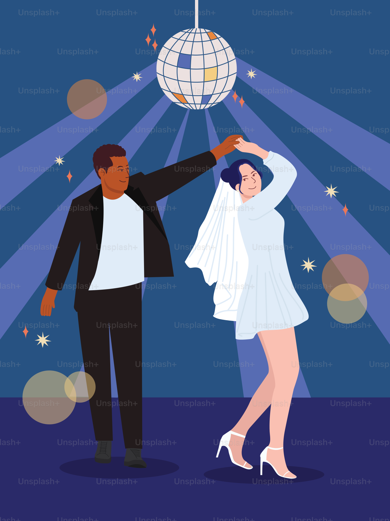 a man and a woman dancing in front of a disco ball