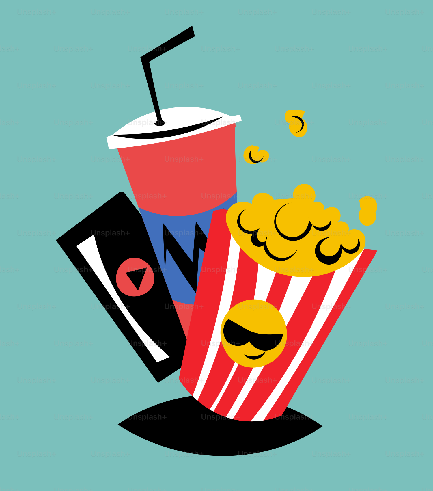 a popcorn bucket with a soda and a movie ticket