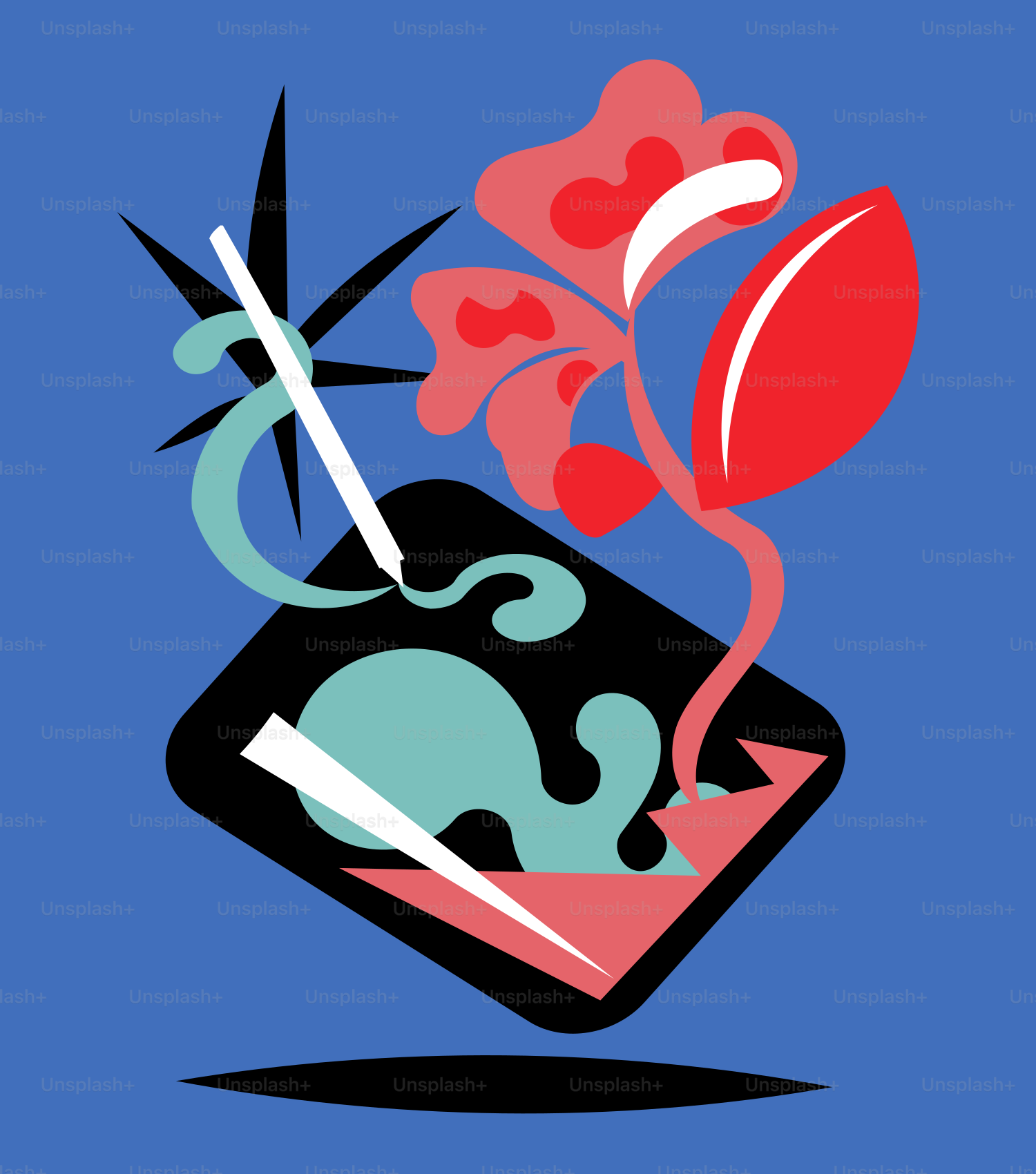 ein blauer Hintergrund mit einer roten Blume und einer Schere