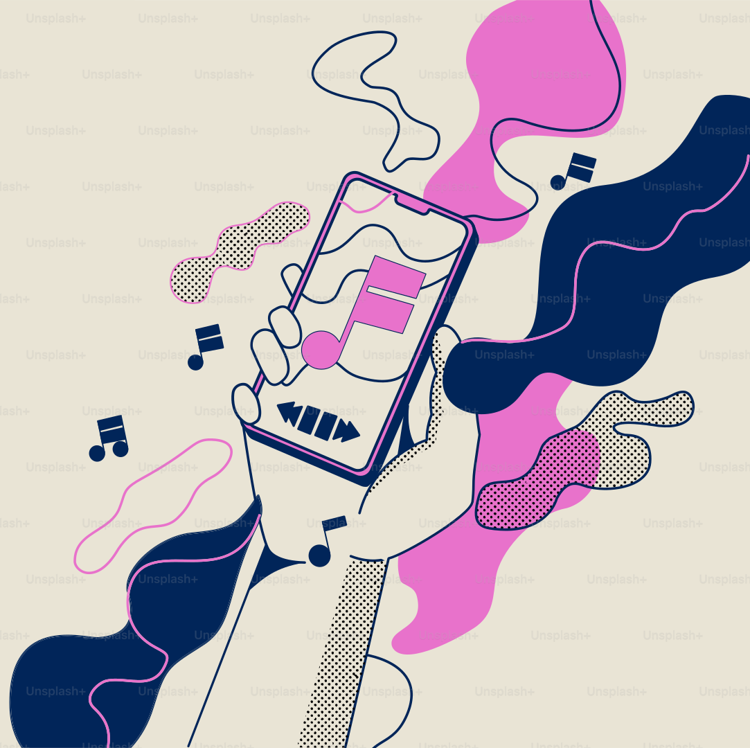 a hand holding a cell phone with music notes coming out of it