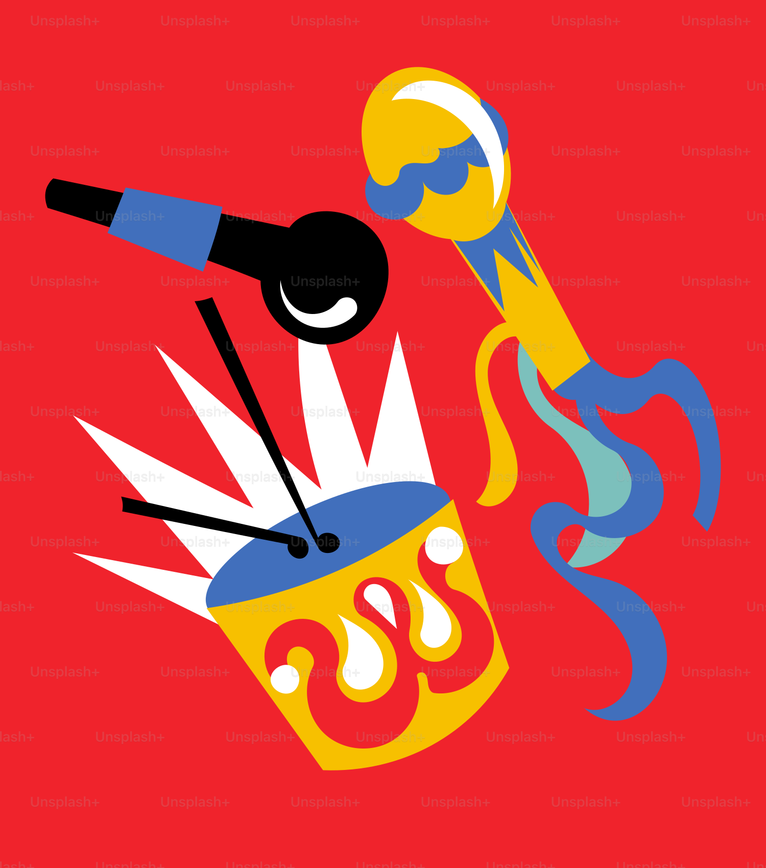 a cartoon of a drum and a microphone on a red background