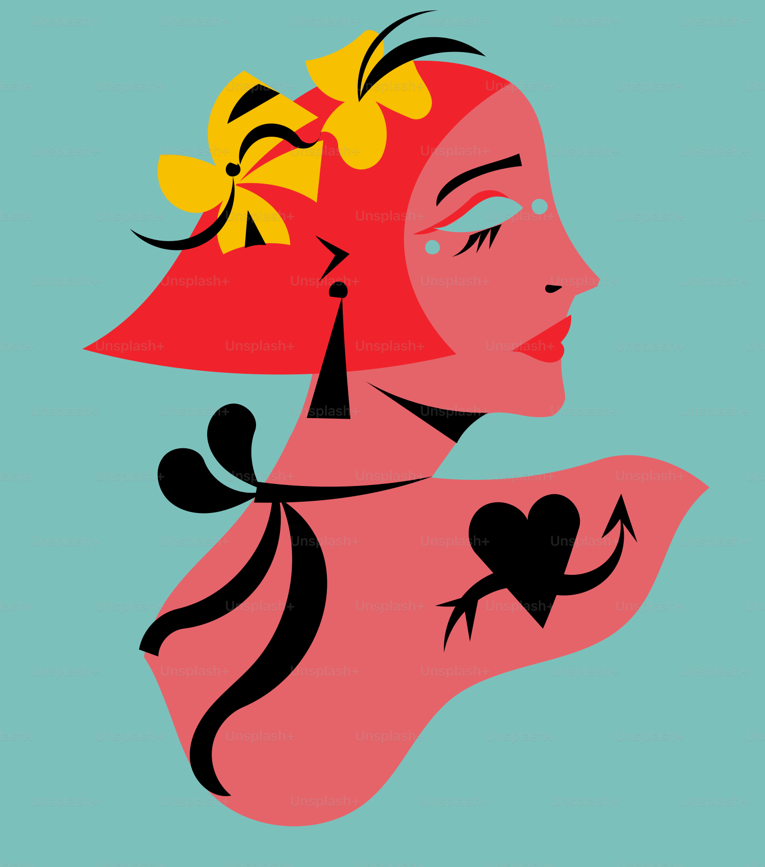 a woman's profile with a flower in her hair