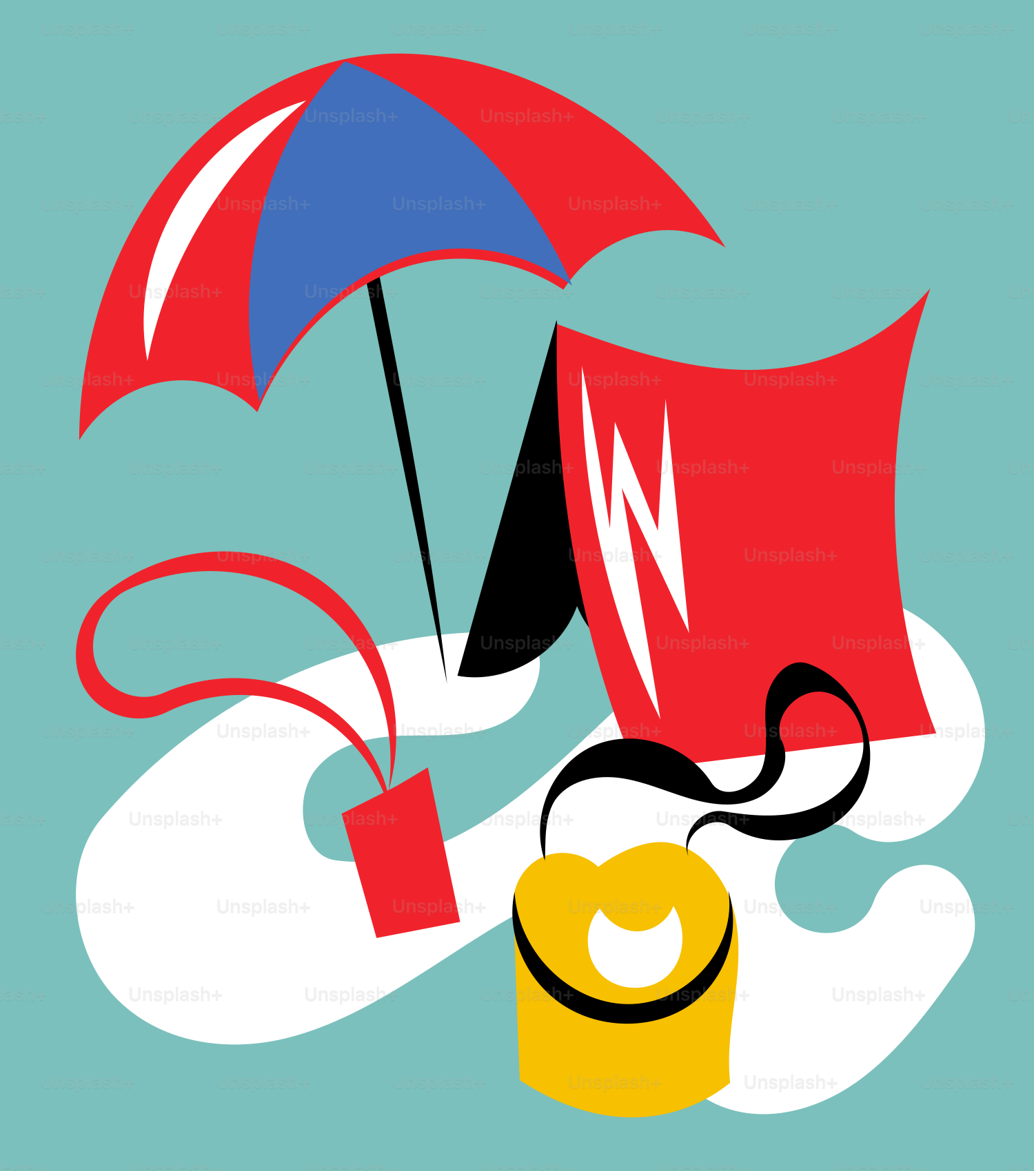 un paraguas rojo y azul y una caja amarilla