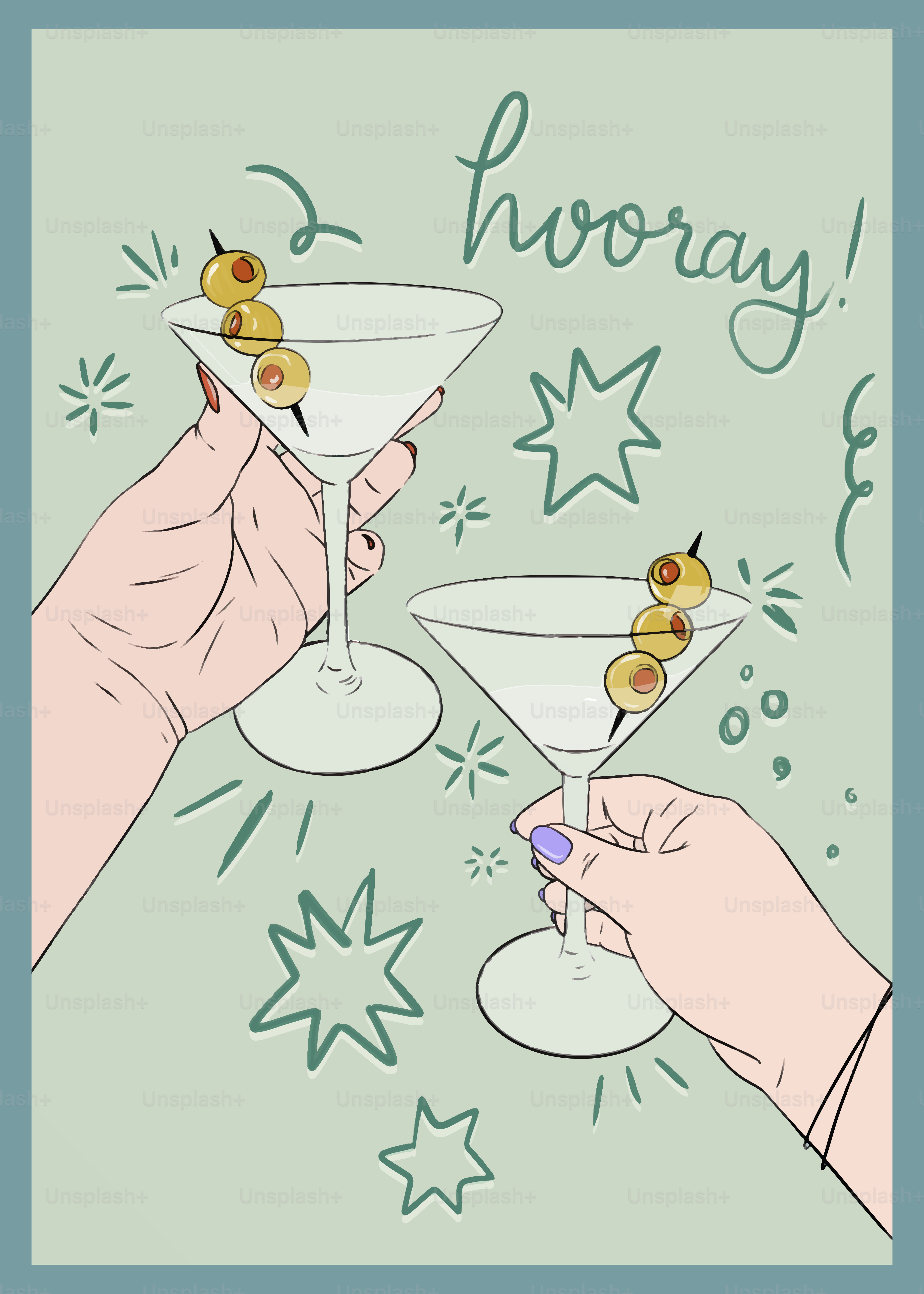 deux mains tenant des verres à martini remplis d’olives