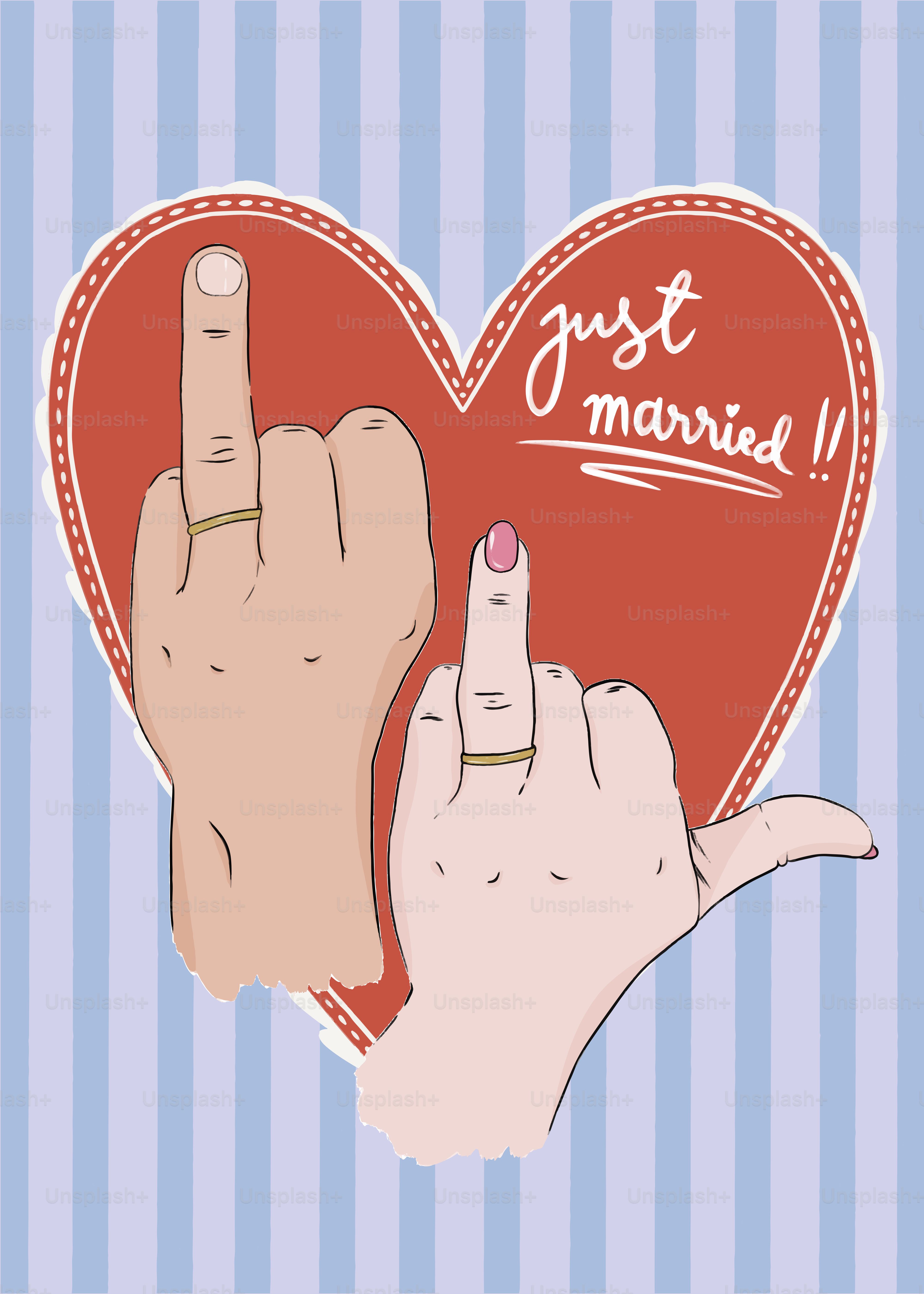 a couple of hands holding a heart with the words just married written on it