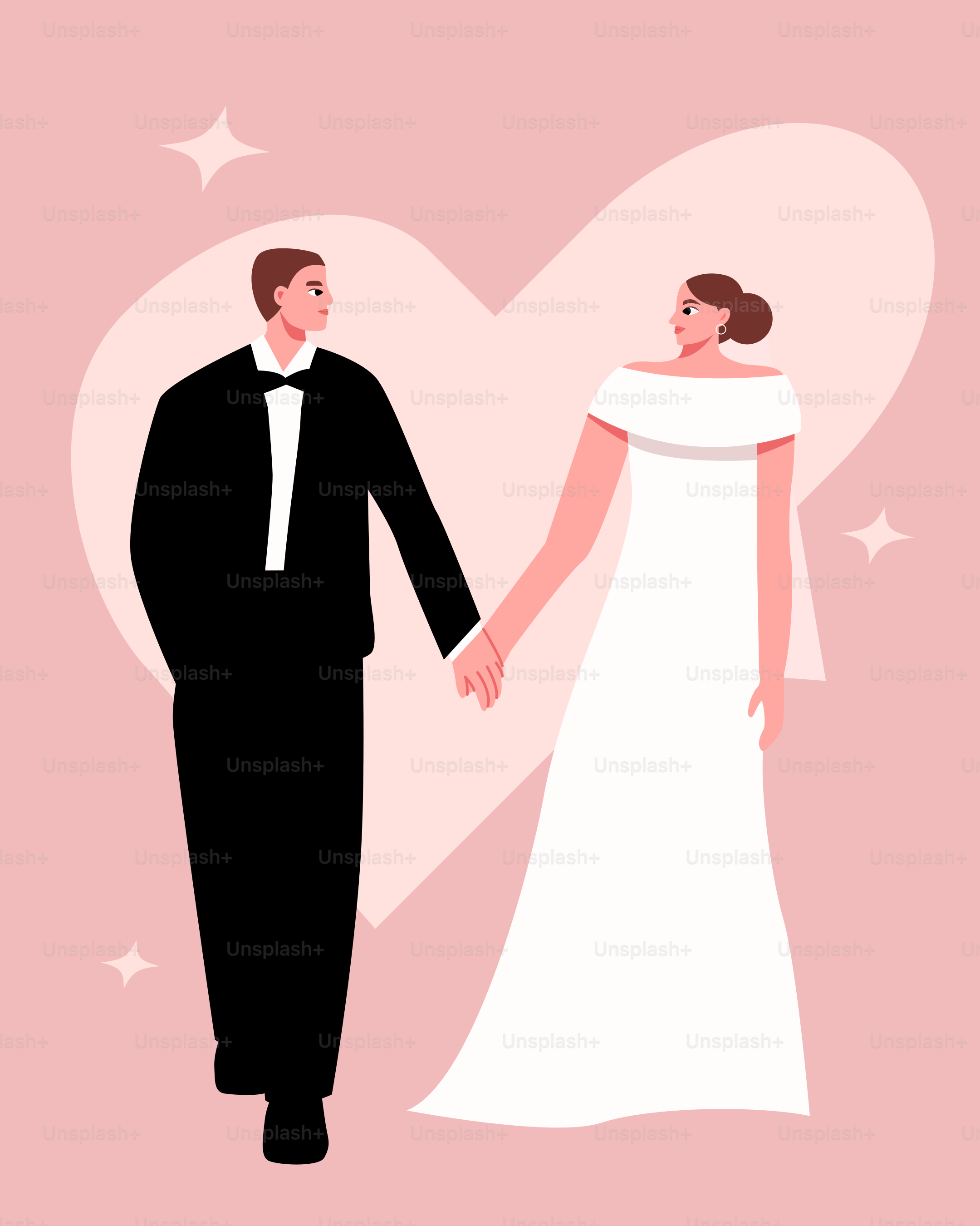 a bride and groom holding hands in front of a heart