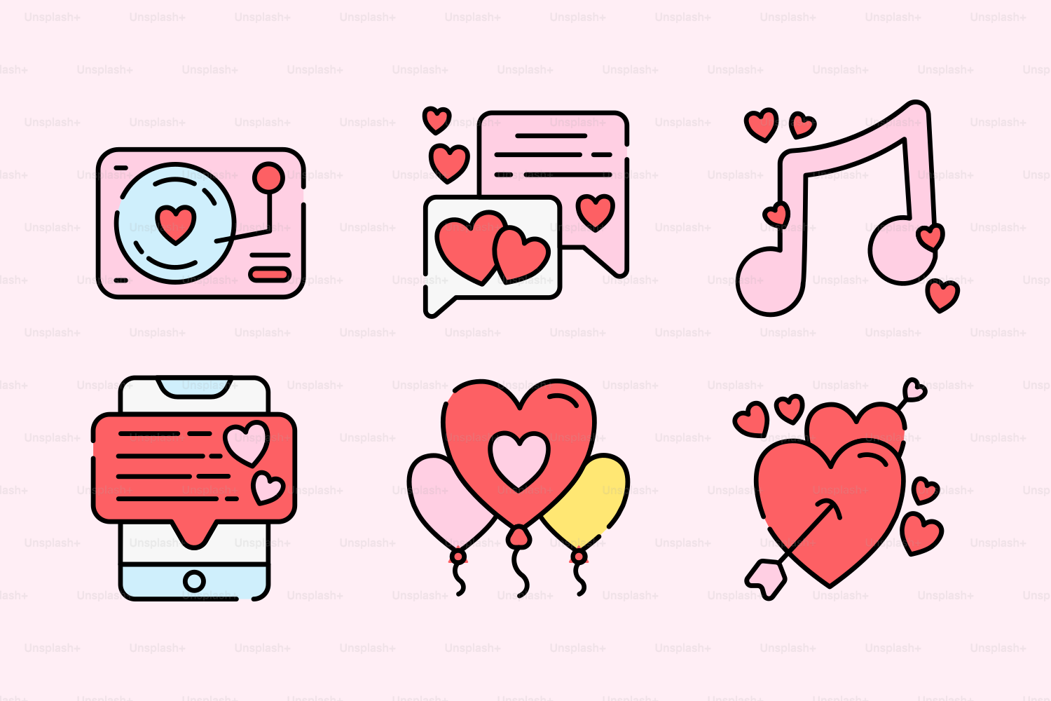un conjunto de corazones y notas musicales sobre un fondo rosa