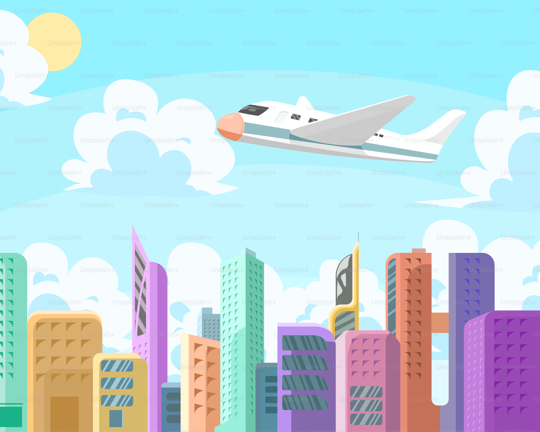 A plane flying over a city with tall buildings