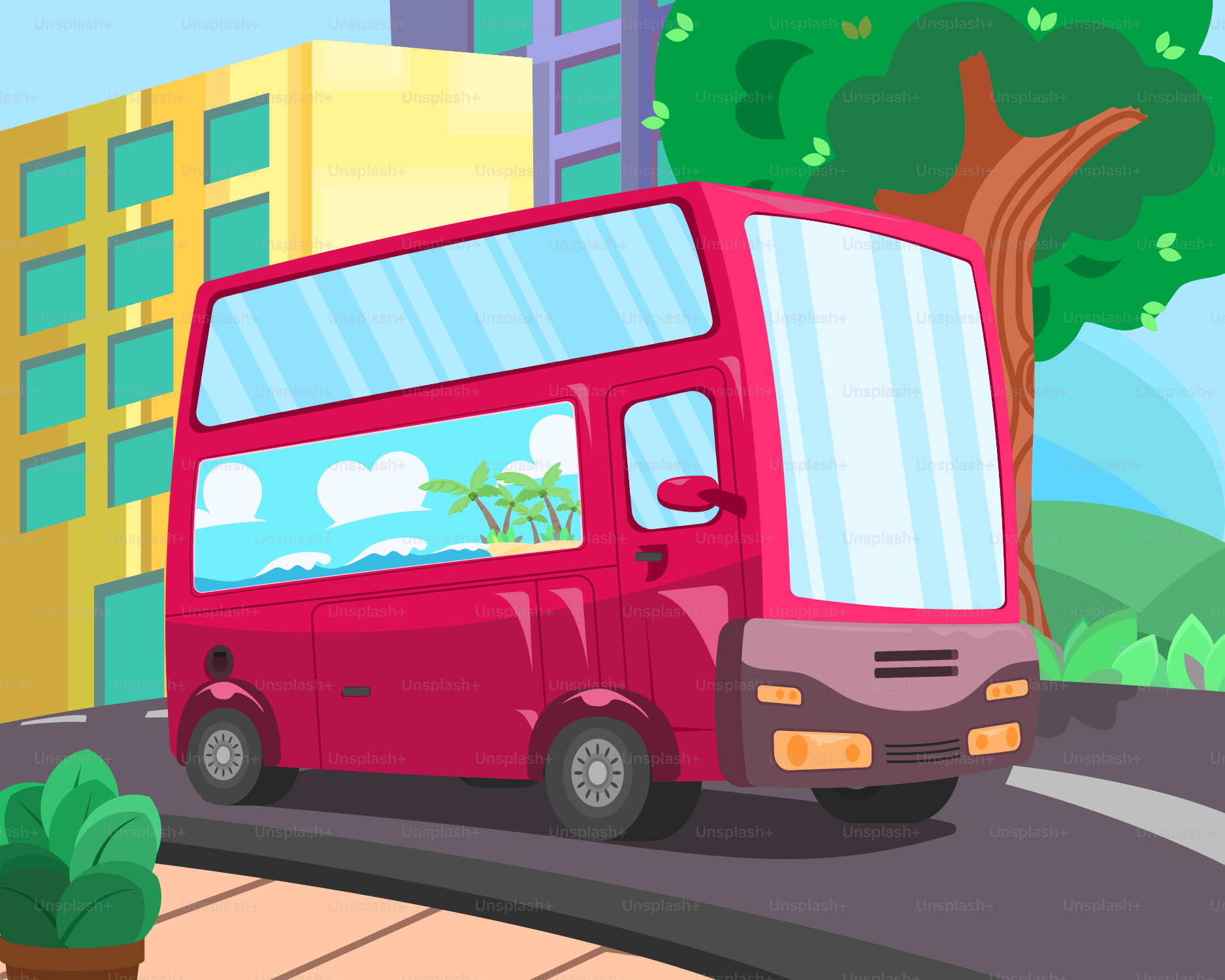 A red bus driving down a street next to a tall building