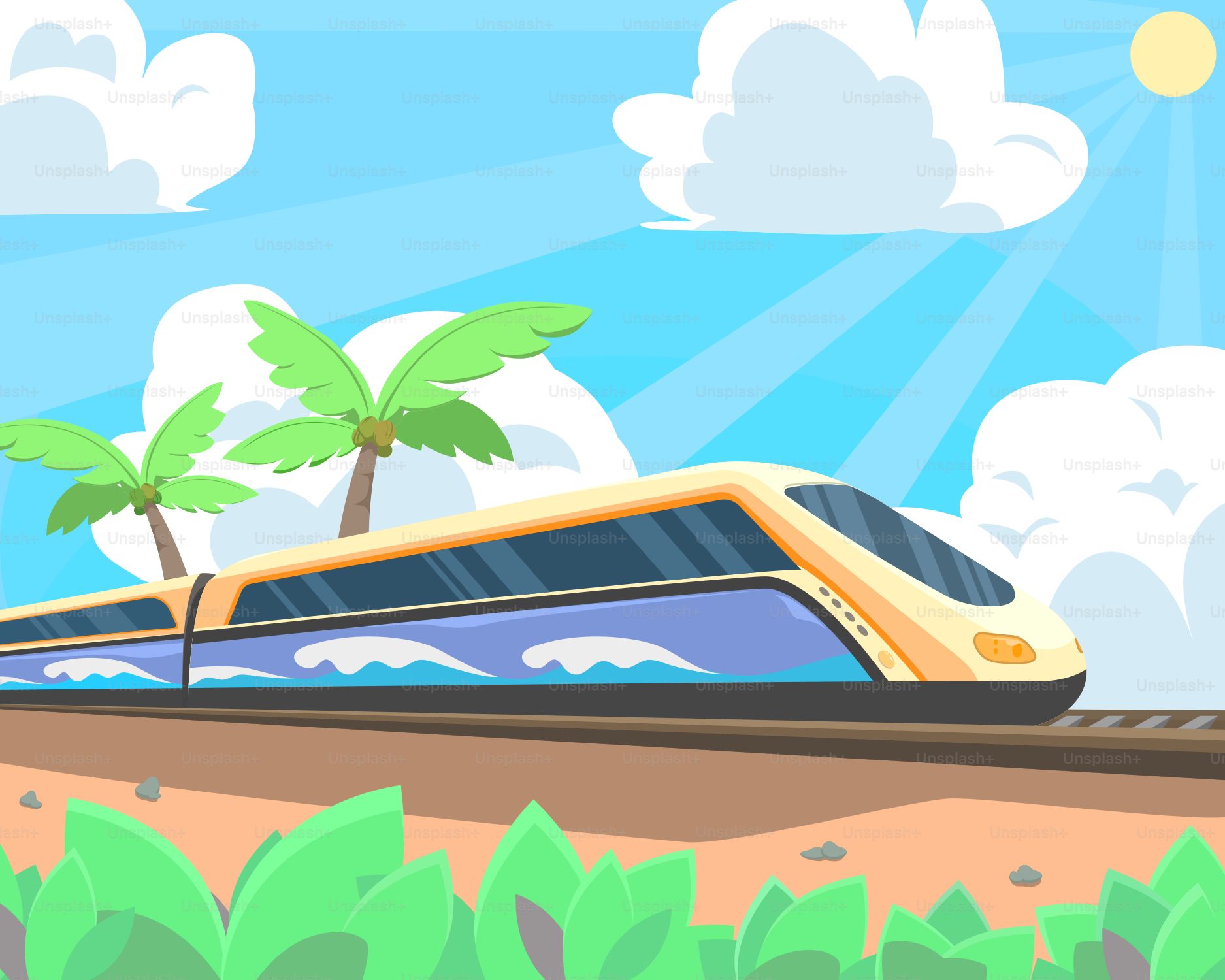 A train traveling through a lush green countryside