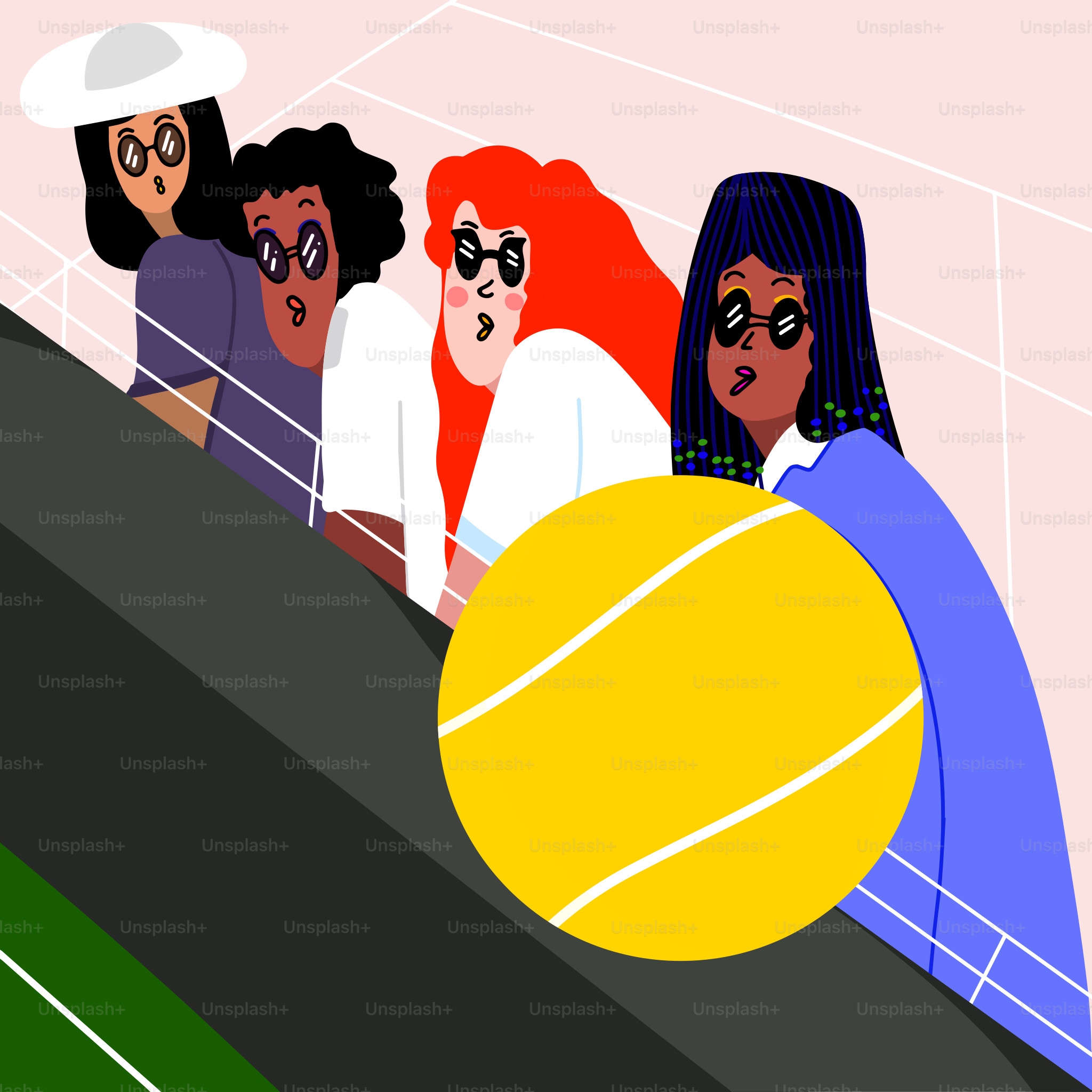 a group of women sitting on top of a tennis court