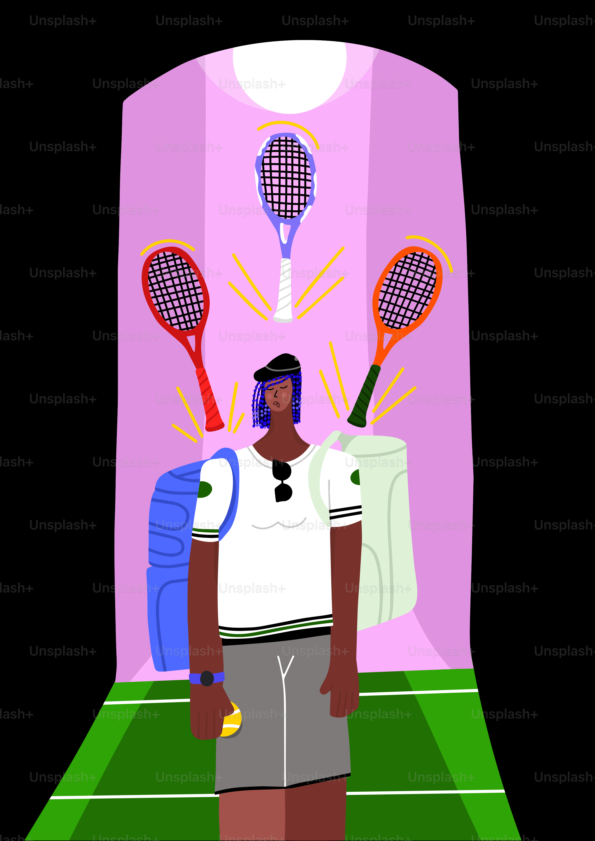 a person standing in a room with tennis rackets