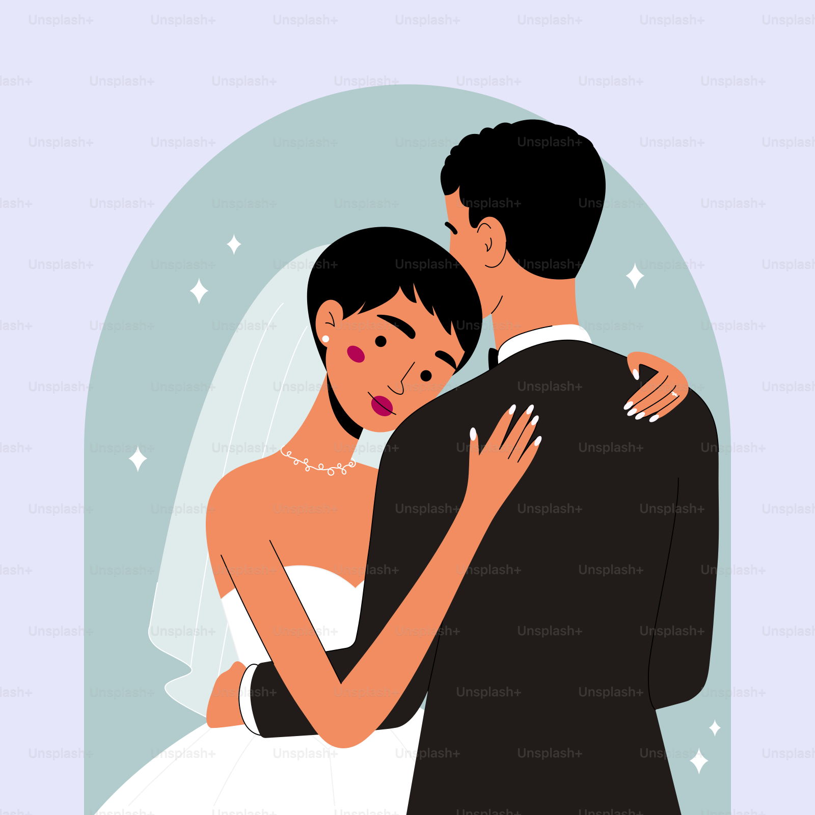 A man and a woman in a wedding dress hugging