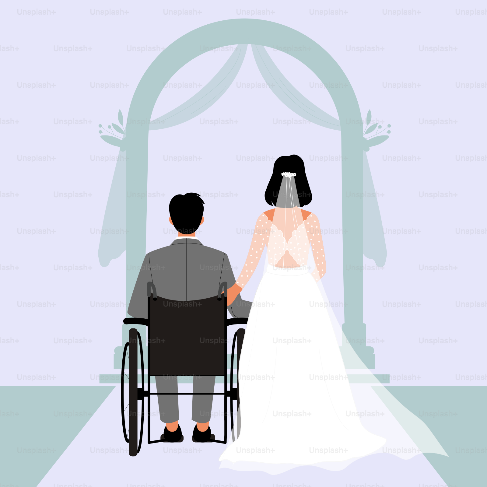 A man sitting in a wheelchair next to a woman in a wedding dress